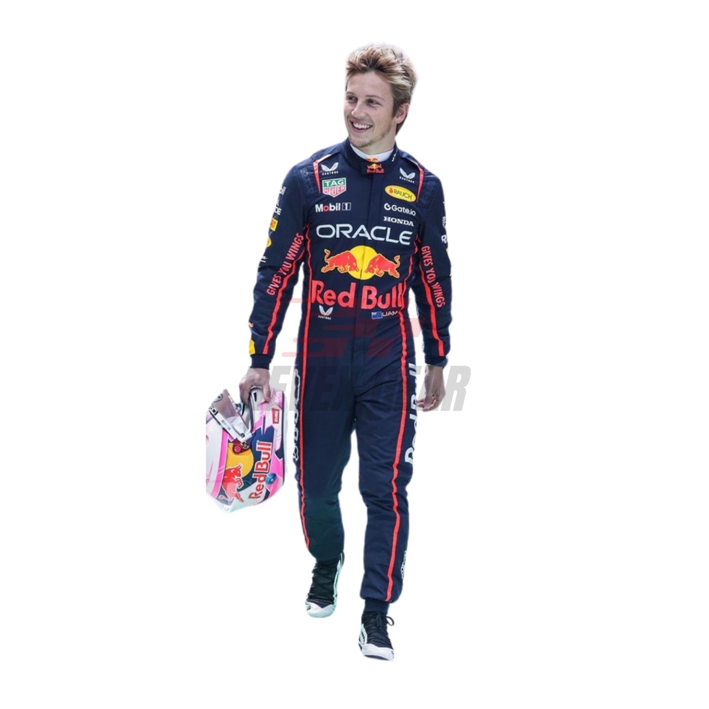 Front view of 2025 F1 racing costume worn by Liam Lawson featuring aggressive contour lines, dynamic stretch zones, and precision sponsor placement in deep navy and crimson tones.