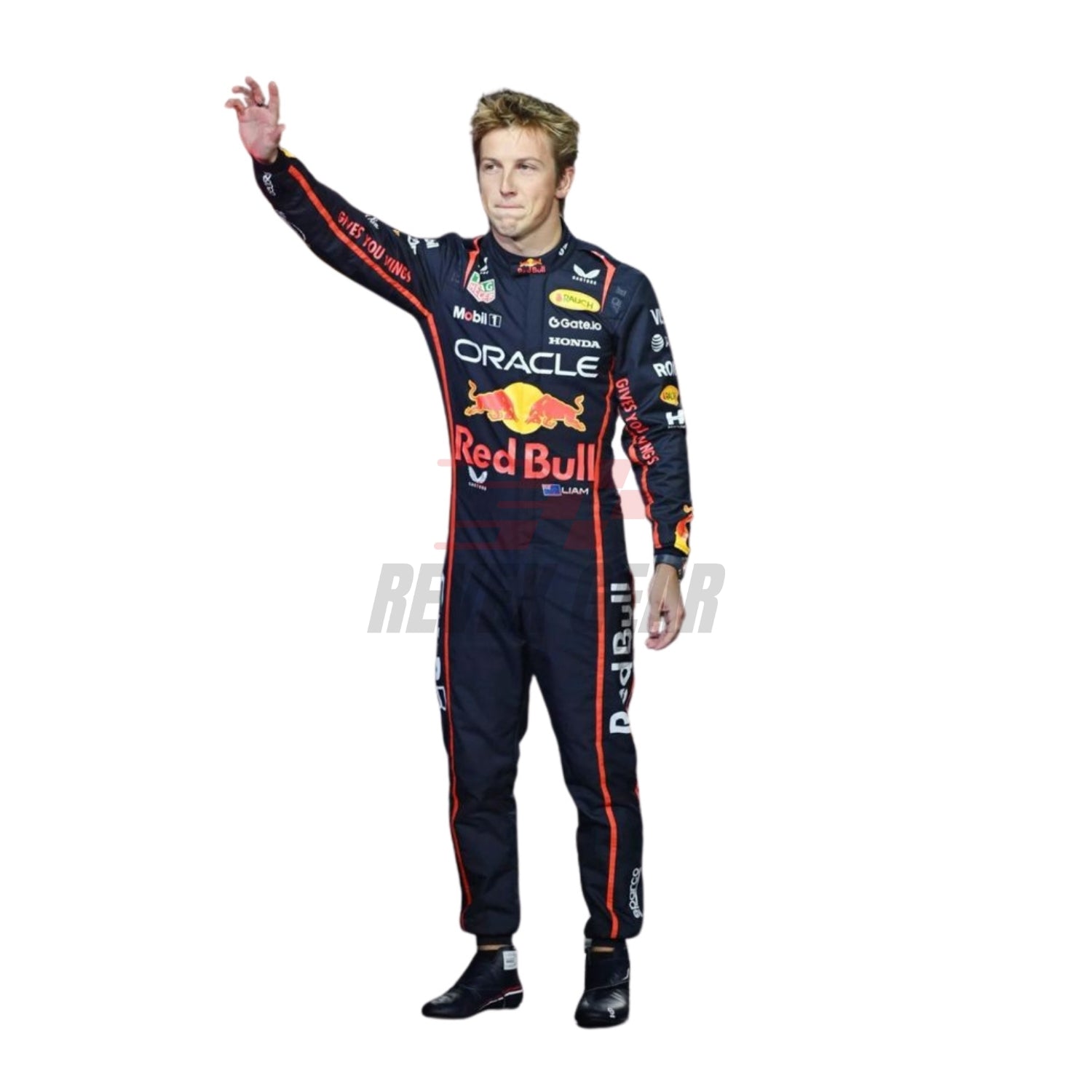 Front view of 2025 F1 racing costume worn by Liam Lawson featuring aggressive contour lines, dynamic stretch zones, and precision sponsor placement in deep navy and crimson tones.