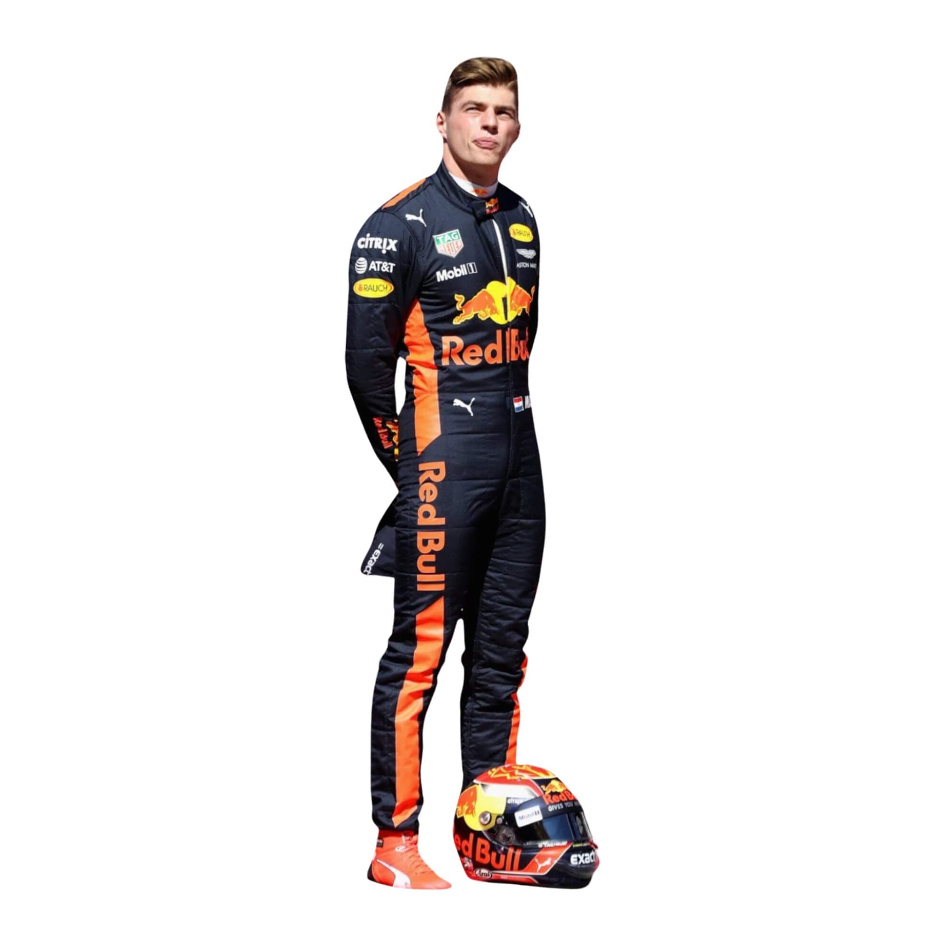 Left side view of Max Verstappen’s 2017 racing suit, showcasing embroidered sponsor logos and custom-fit design for F1 racing.