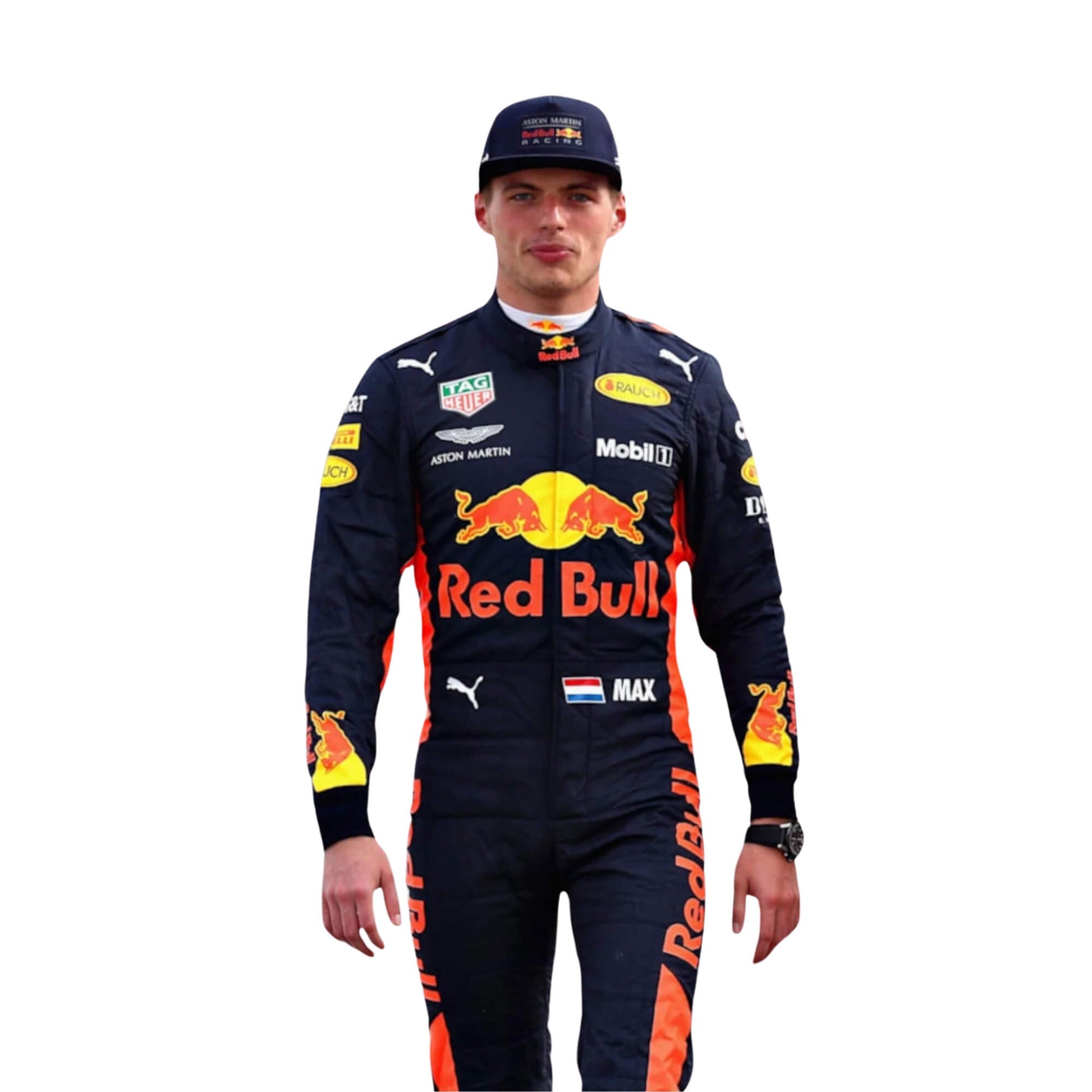 Close-up of the chest area on Max Verstappen’s 2017 racing suit, emphasizing embroidered sponsor logos and high-performance material.