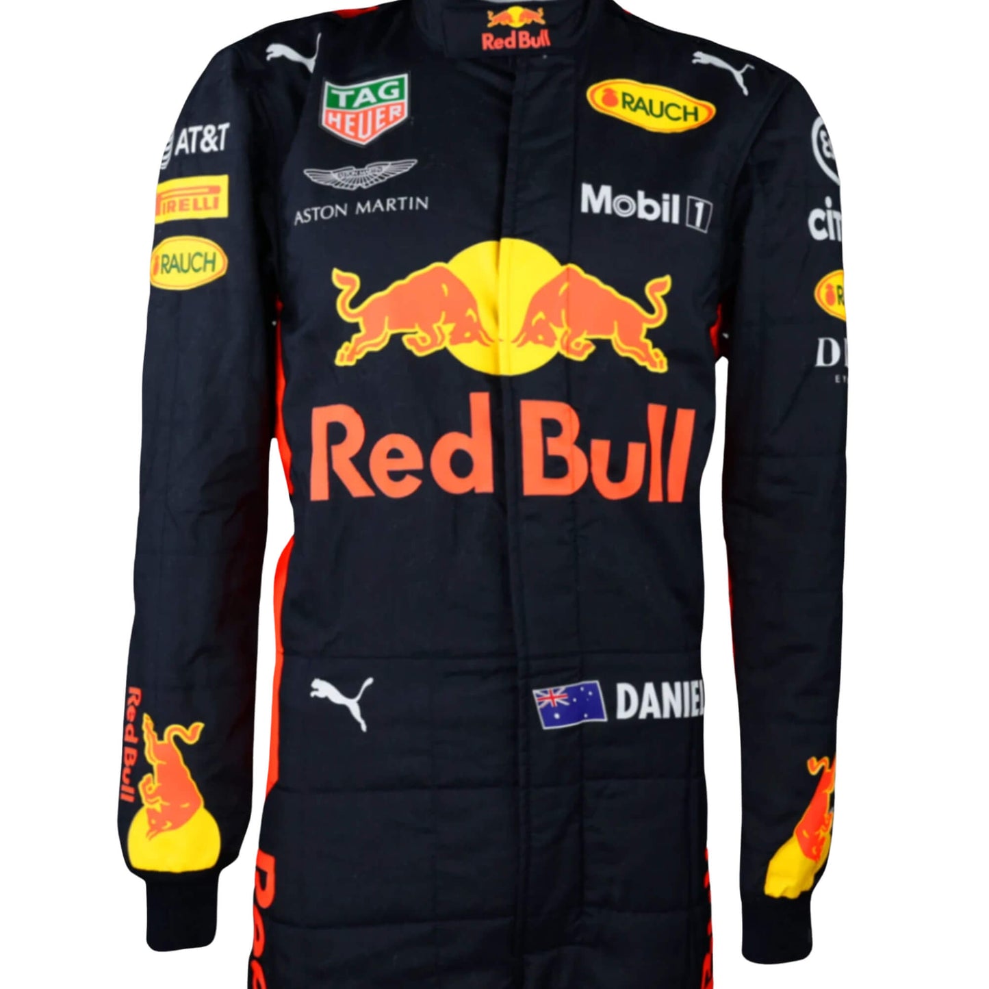 Close-up of Max Verstappen 2018 F1 racing suit chest area, logo embroidery and textured stitching detail.