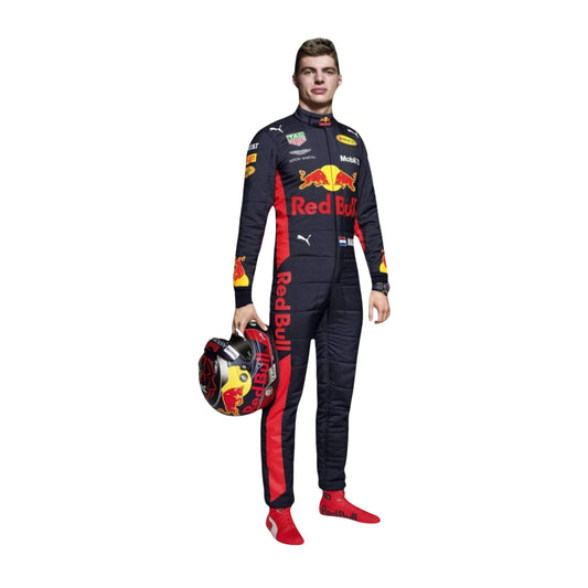 Max Verstappen 2018 F1 suit front view, vibrant dark blue with sponsor detailing and full-body racing fit.