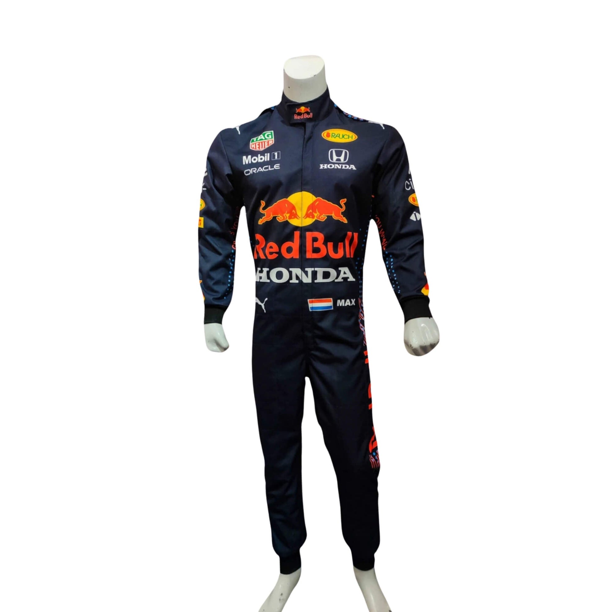 Max Verstappen 2018 F1 suit front view, vibrant dark blue with sponsor detailing and full-body racing fit.