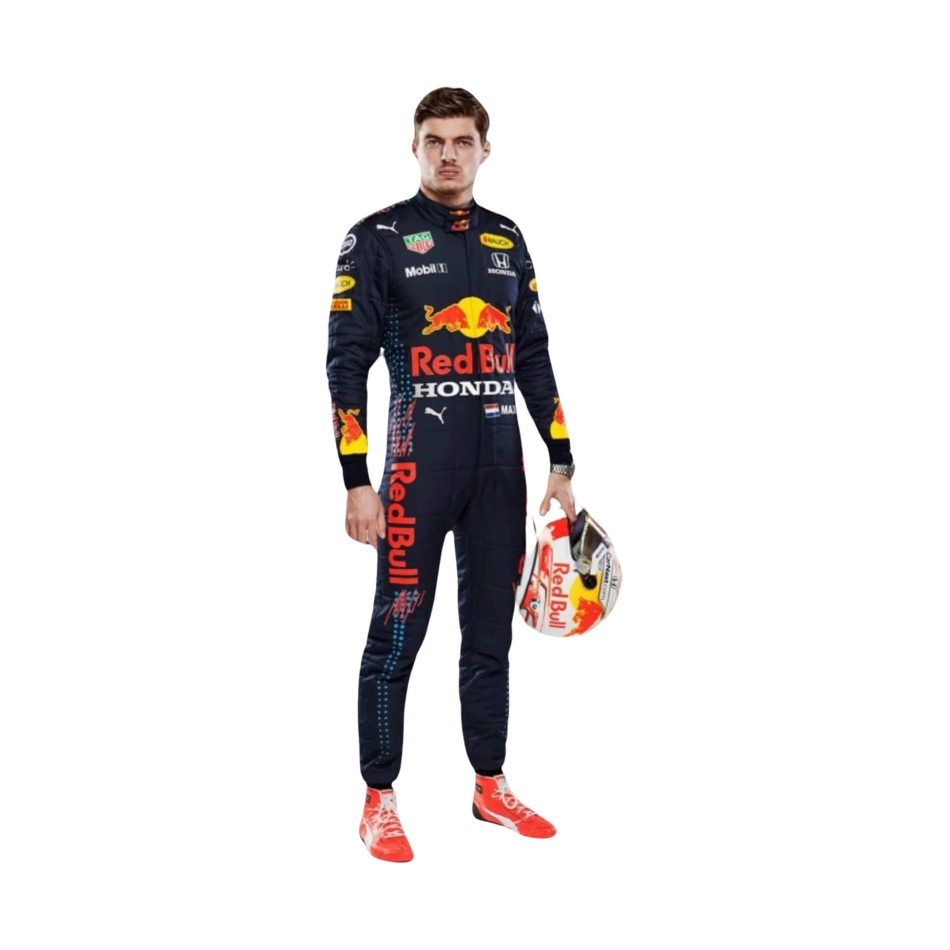 Max Verstappen 2019 F1 racing suit front view  – bold and dynamic design with race-inspired elements, highly admired by motorsport fans.