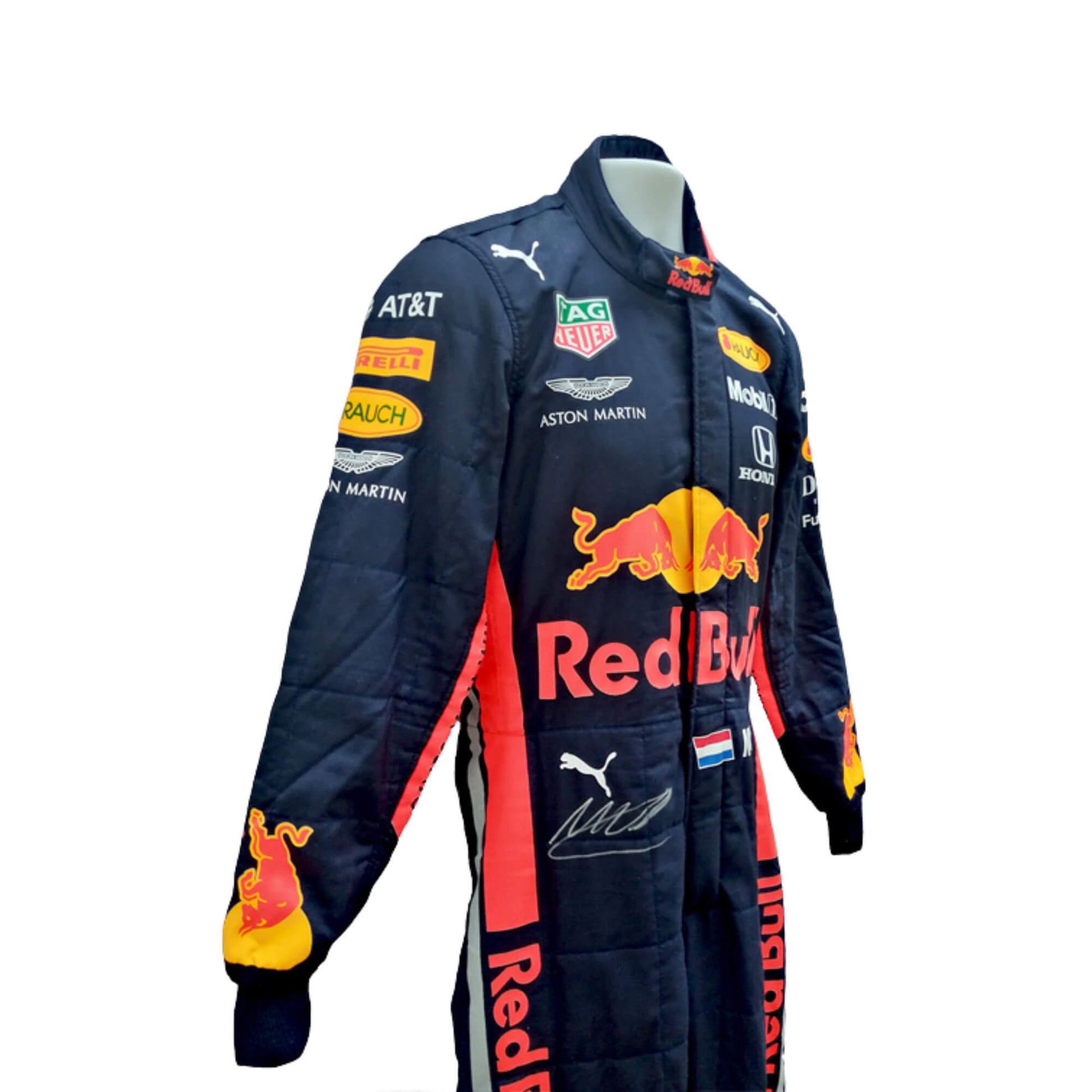 Side view of Max Verstappen 2019 F1 racing suit – bold and dynamic design with race-inspired elements, highly admired by motorsport fans.