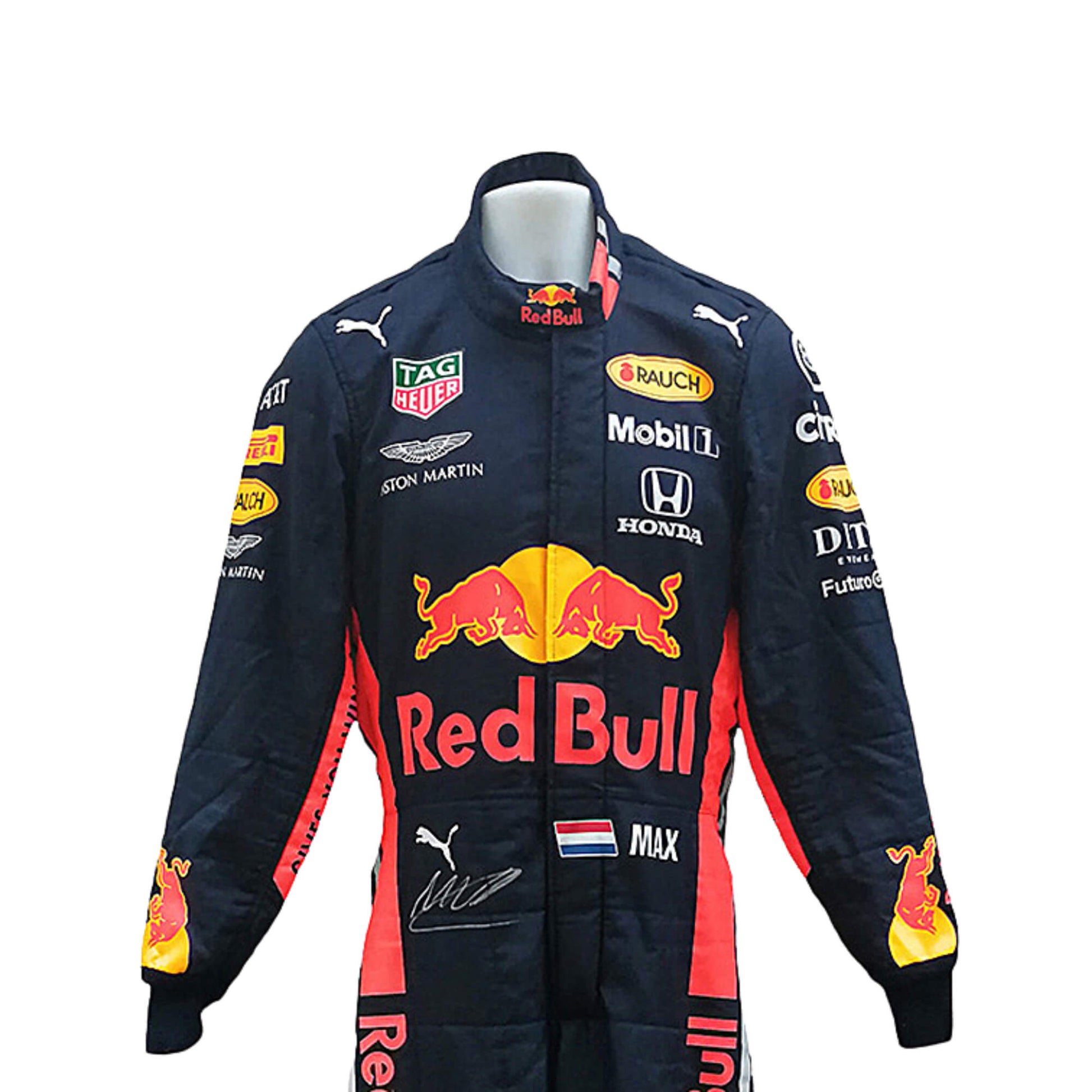 Front closeup view of Max Verstappen 2019 F1 racing suit – bold and dynamic design with race-inspired elements, highly admired by motorsport fans.