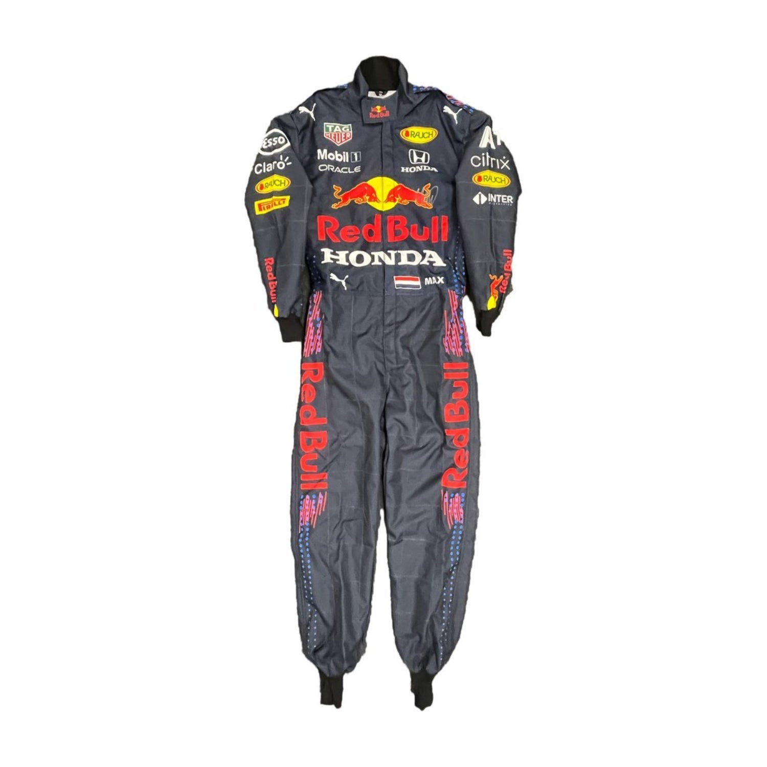 Max Verstappen 2021 Red Bull Racing F1 Suit Front View, Navy Blue Design with Red Bull and Sponsor Logos