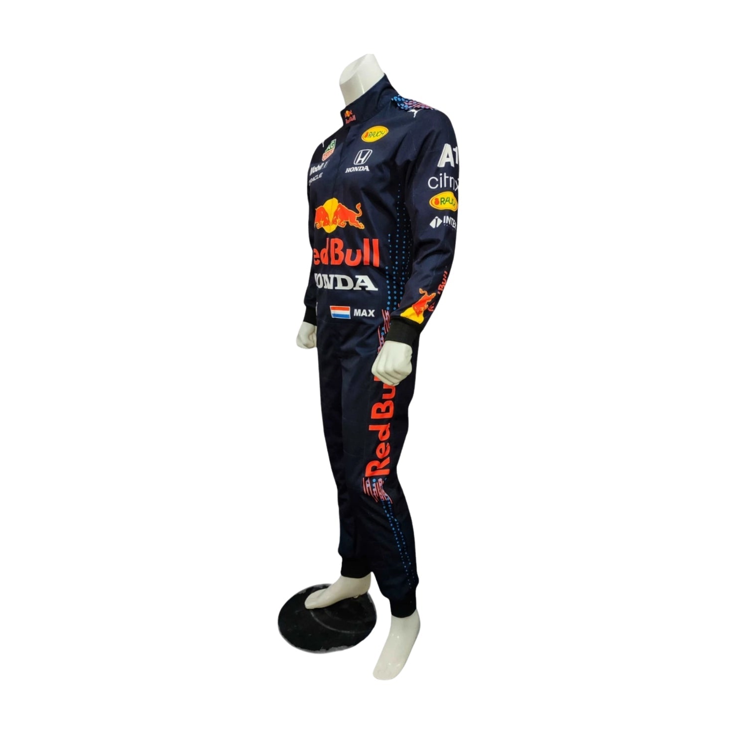 Max Verstappen 2021 Red Bull Racing F1 Suit Side View, Sponsor Logos, Stretch Panels, Orange Details