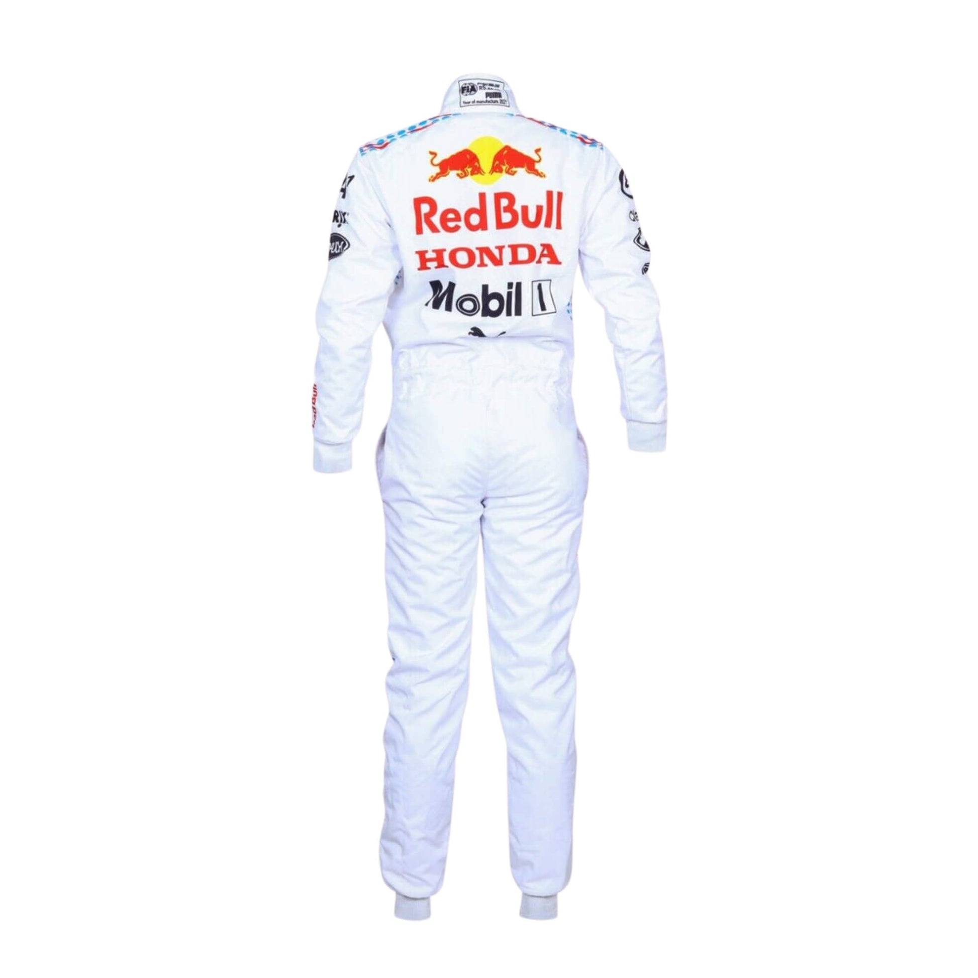 Rear view showing the precise tailoring and the detailed sponsor logos on Max Verstappen’s 2021 Turkish GP F1 racing suit.