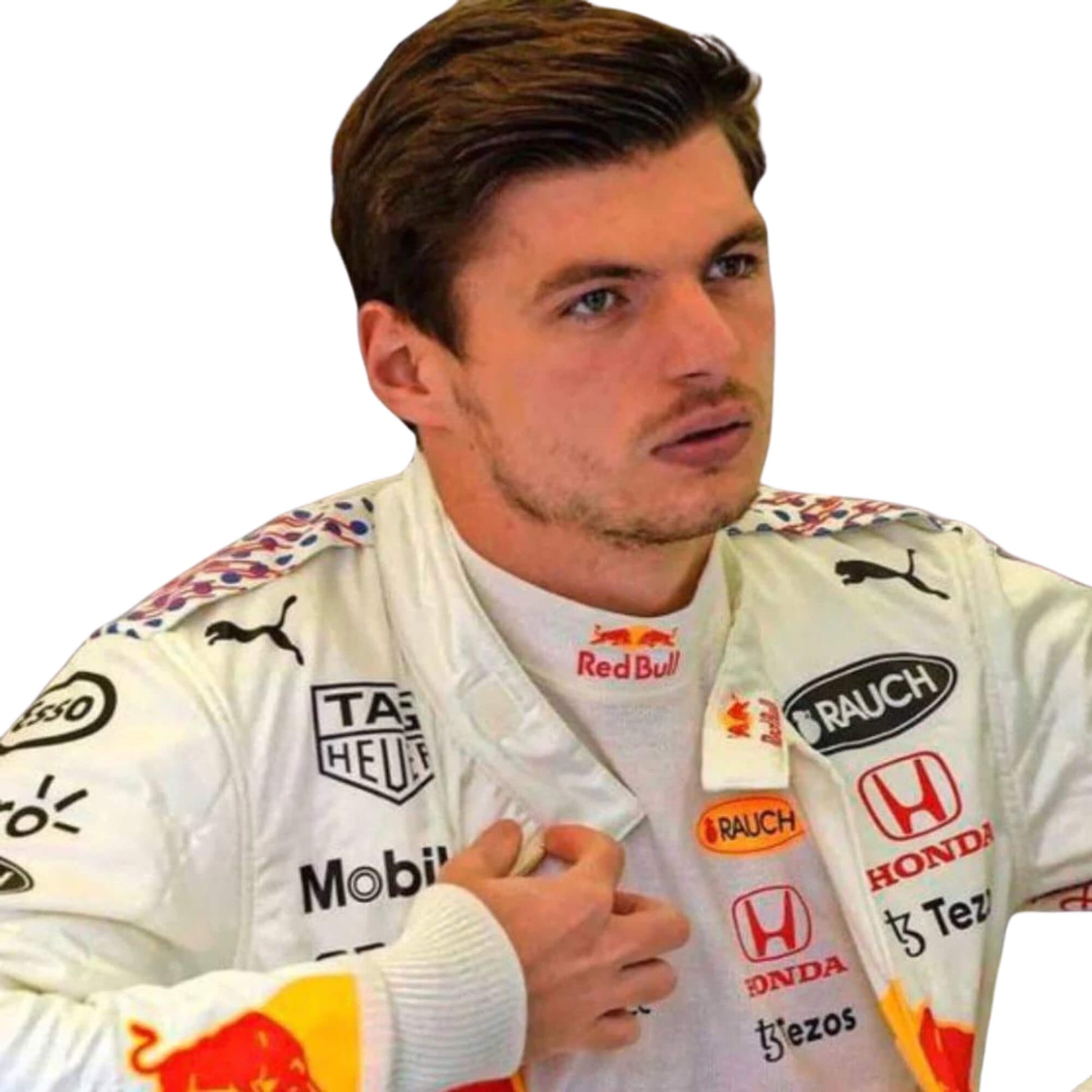 Close-up of the intricate stitching and premium fabric details of Max Verstappen’s 2021 Turkish GP F1 racing suit.