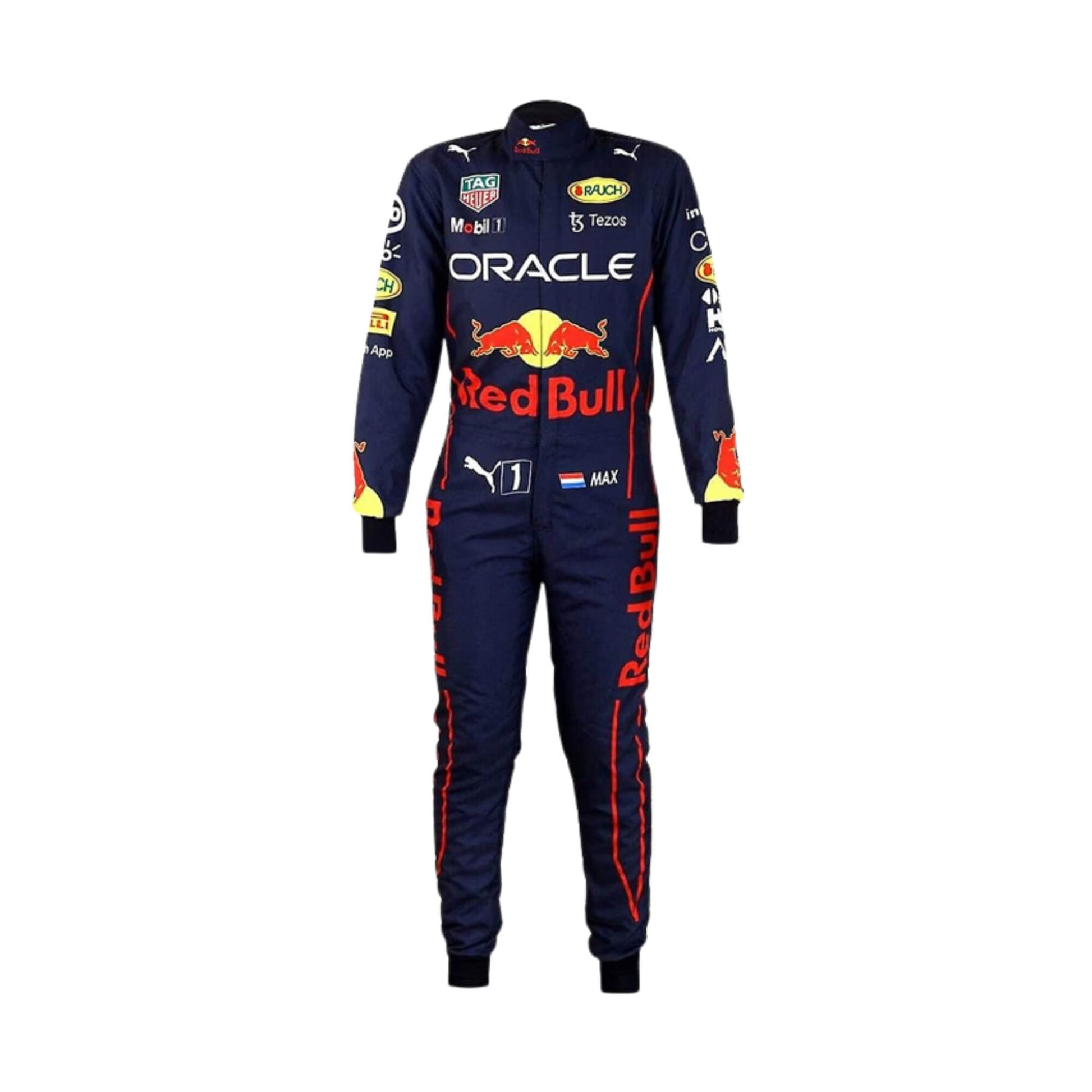 Max Verstappen 2022 F1 racing suit – front view with detailed design