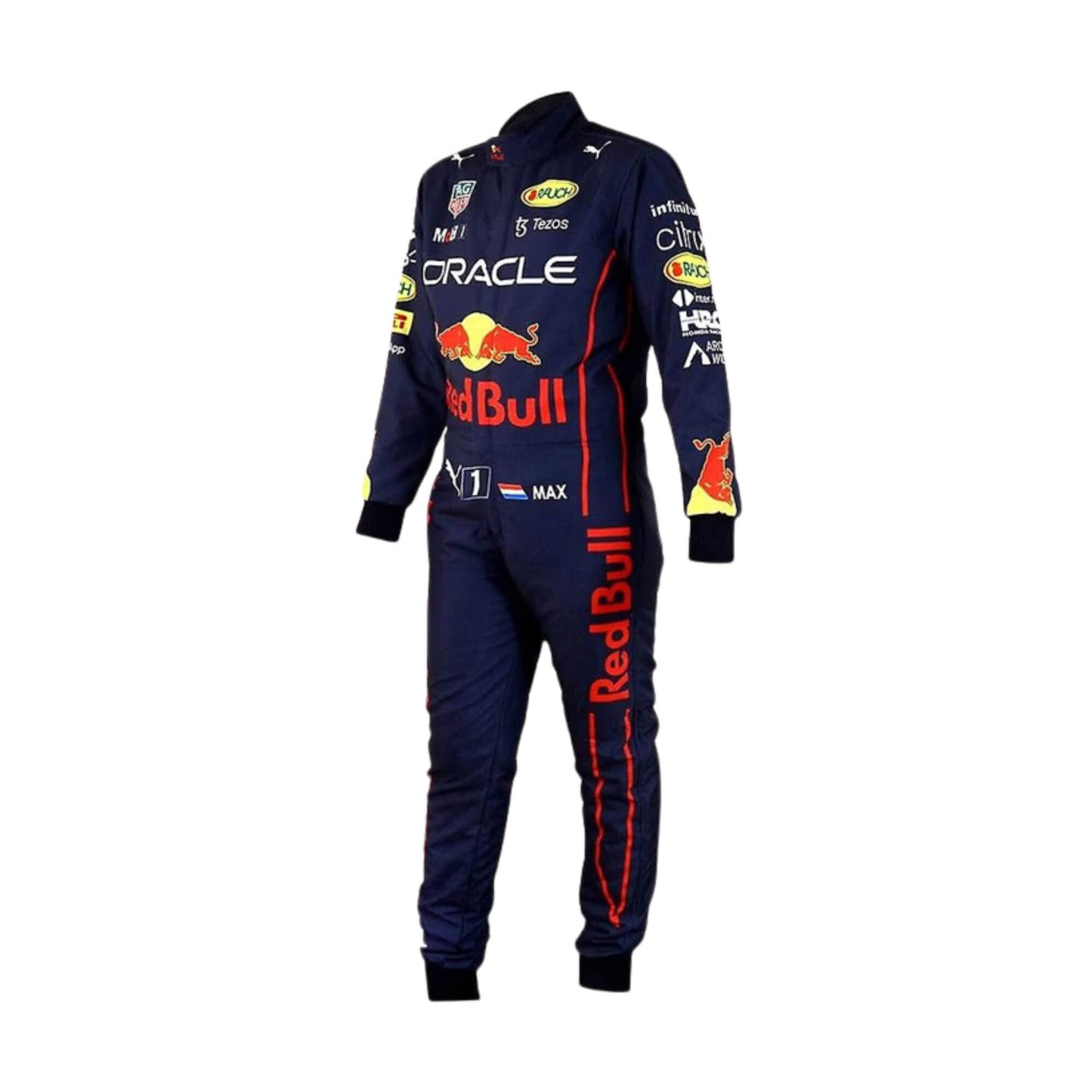 Side profile of Max Verstappen 2022 F1 suit – sleek and structured for performance