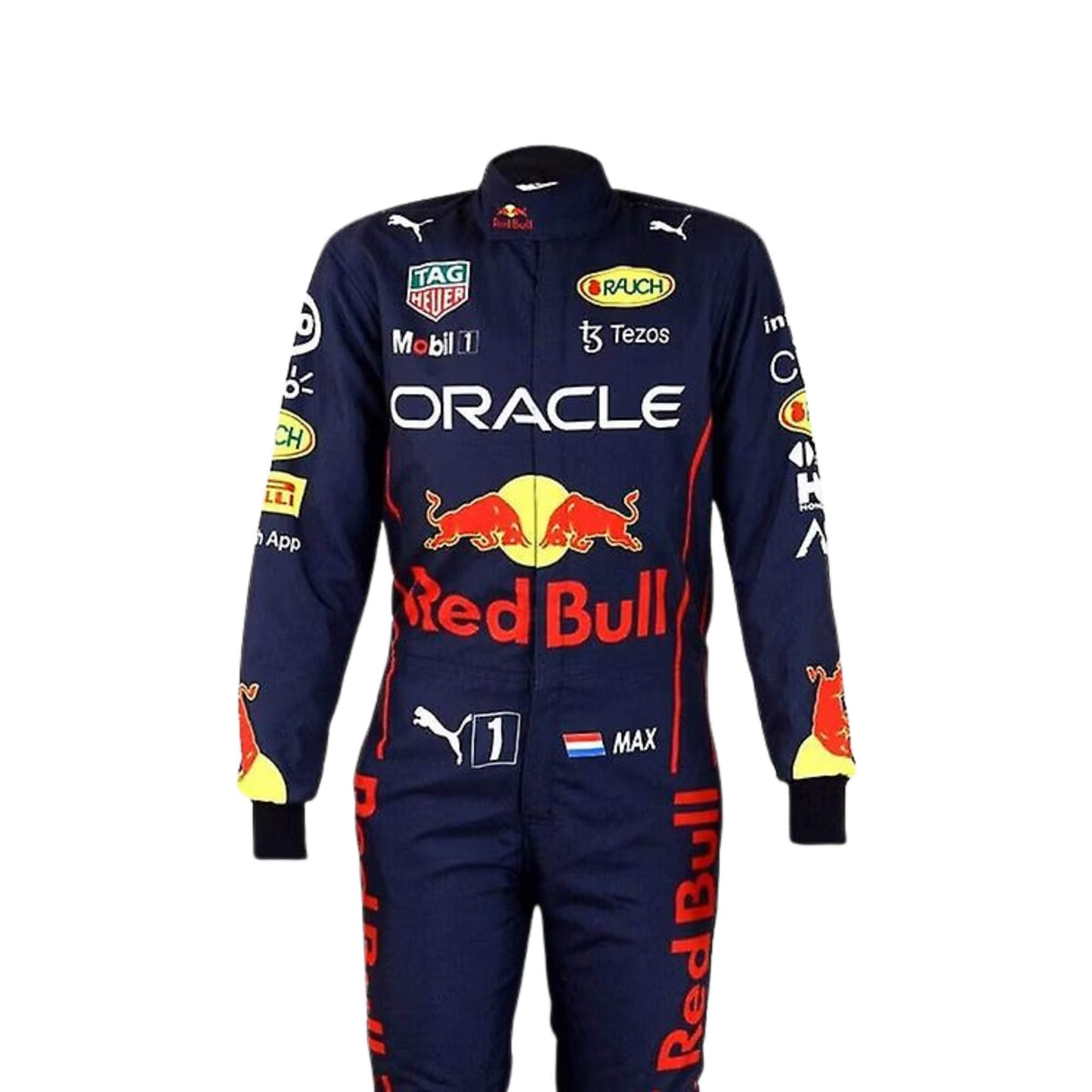 Max Verstappen 2022 F1 racing suit – close front view with detailed design and race-fit styling