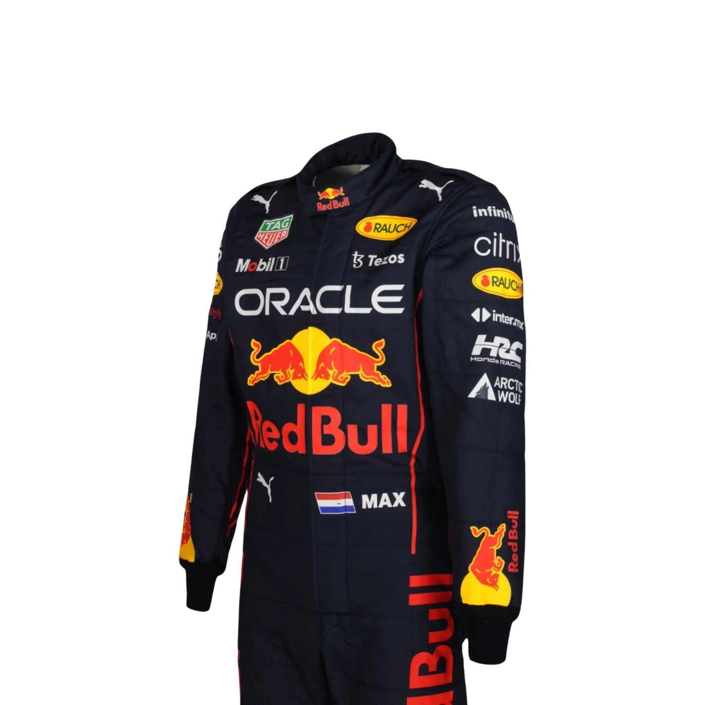 Max Verstappen 2022 F1 racing suit – side view with detailed design