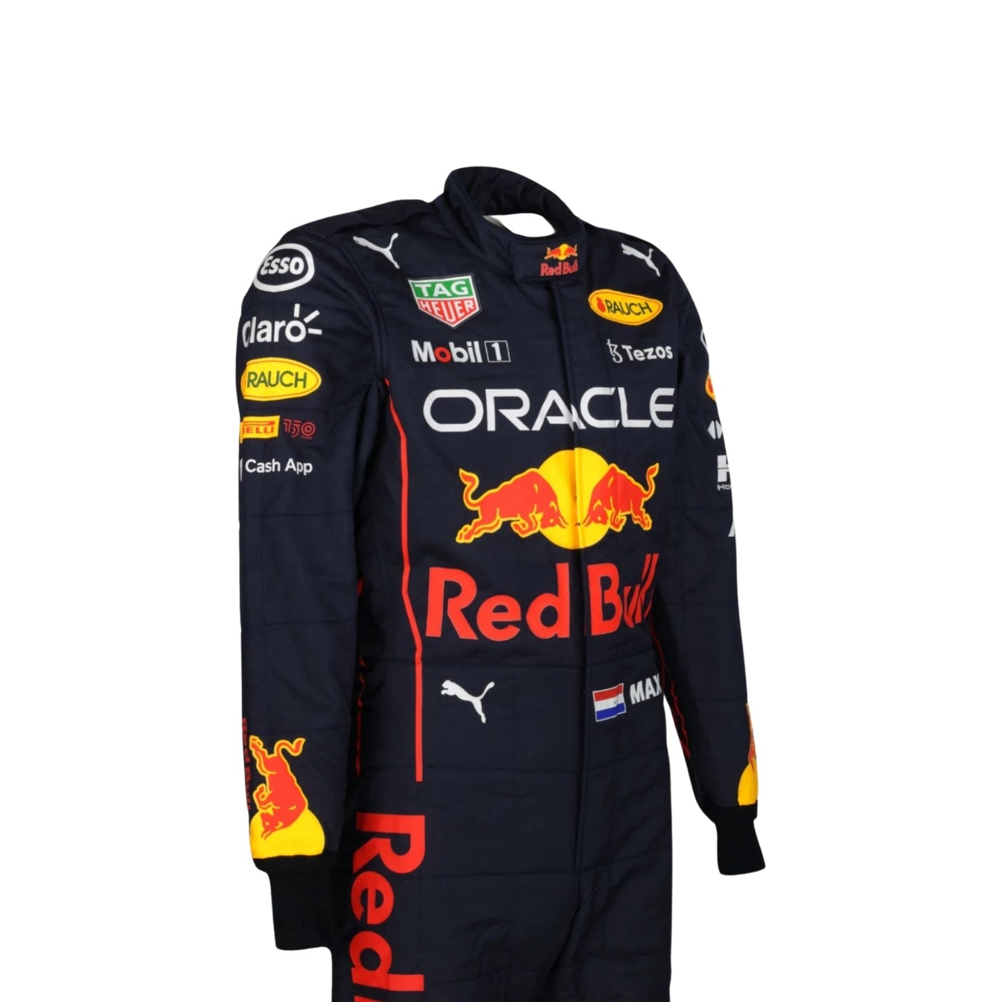 Max Verstappen 2022 F1 racing suit – close right side view with detailed design and race-fit styling