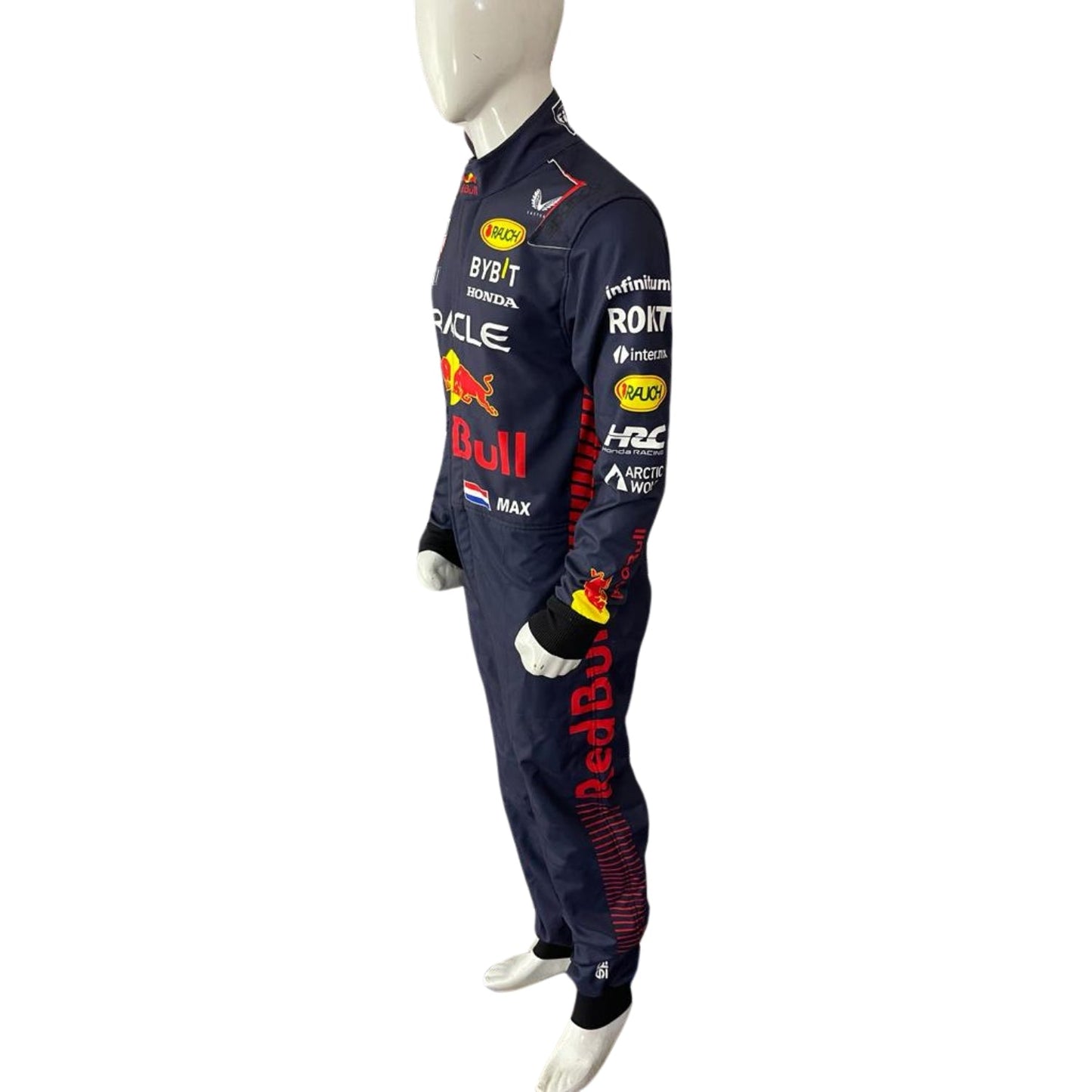 Side angle showing Verstappen’s navy blue race suit with dynamic red accents along the torso and yellow detailing around the sleeves.