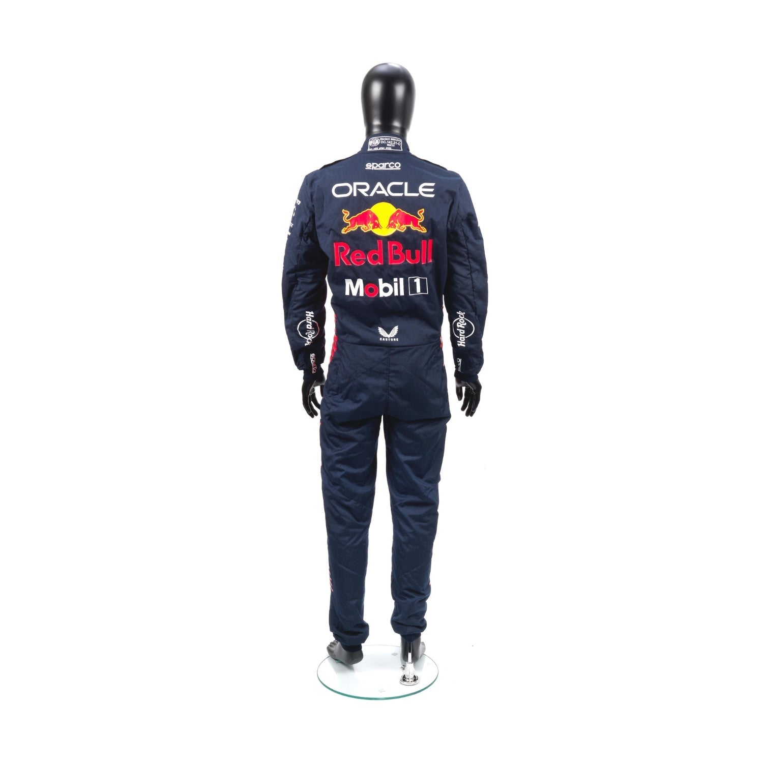 Rear view highlighting the full navy tone of the suit with structured sponsor layout and red/yellow highlights on the belt and collar.