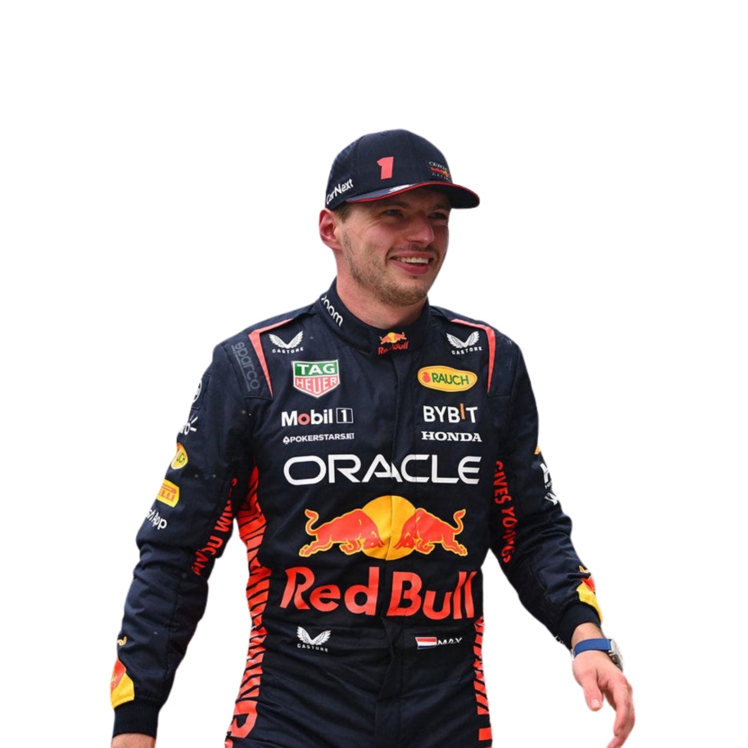 Detailed shot of Verstappen’s suit texture showing high-performance fabric with fine stitching and vivid yellow logo accents on navy.