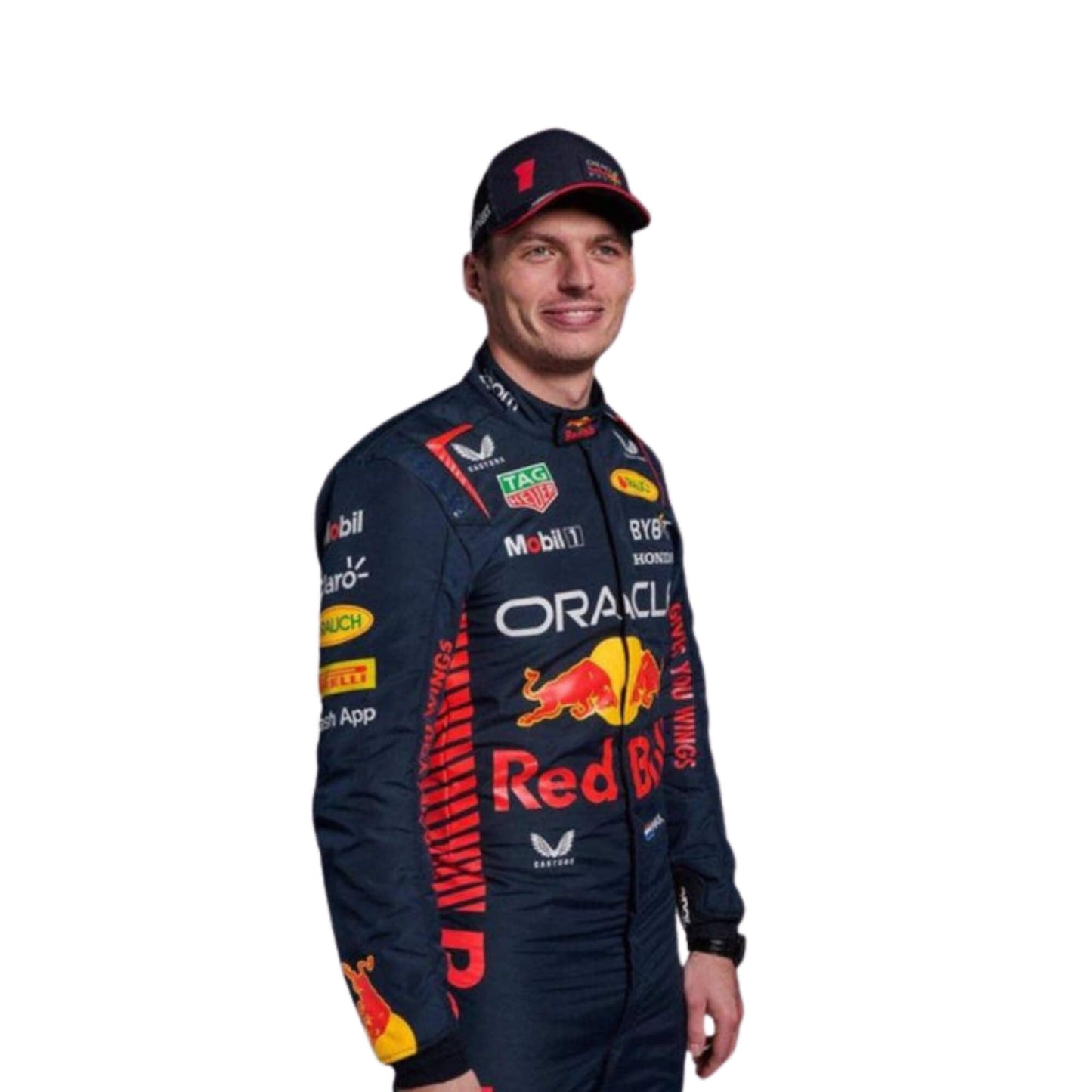 Detailed shot of Verstappen’s suit texture showing high-performance fabric with fine stitching and vivid yellow logo accents on navy.