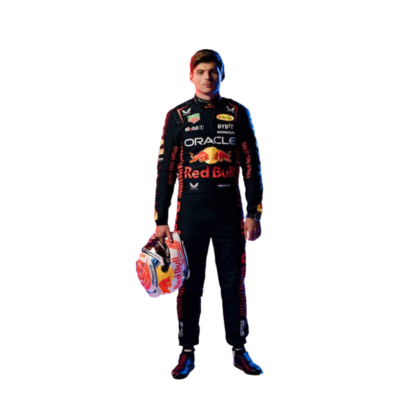 Max Verstappen's 2023 F1 racing suit in deep navy blue with bold red side panels, yellow trim, and partner branding across the chest and legs.