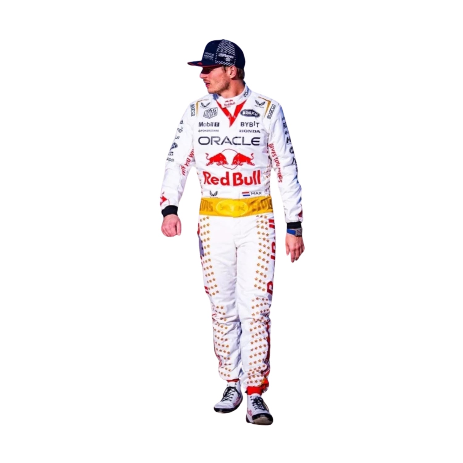 Max Verstappen in the 2023 Las Vegas GP racing suit featuring a crisp white base with gold star embellishments, red accents, and a signature Elvis-style belt.