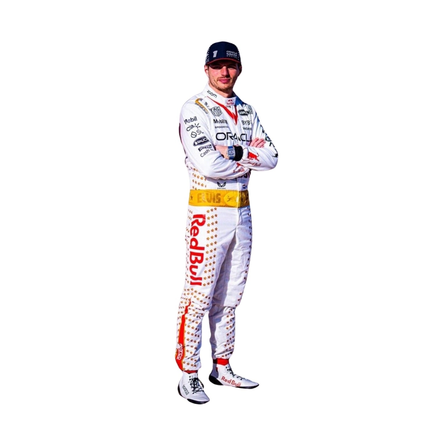 Side profile showcasing the tailored fit of Verstappen's white suit, adorned with shimmering gold stars along the sleeves and red detailing on the sides.