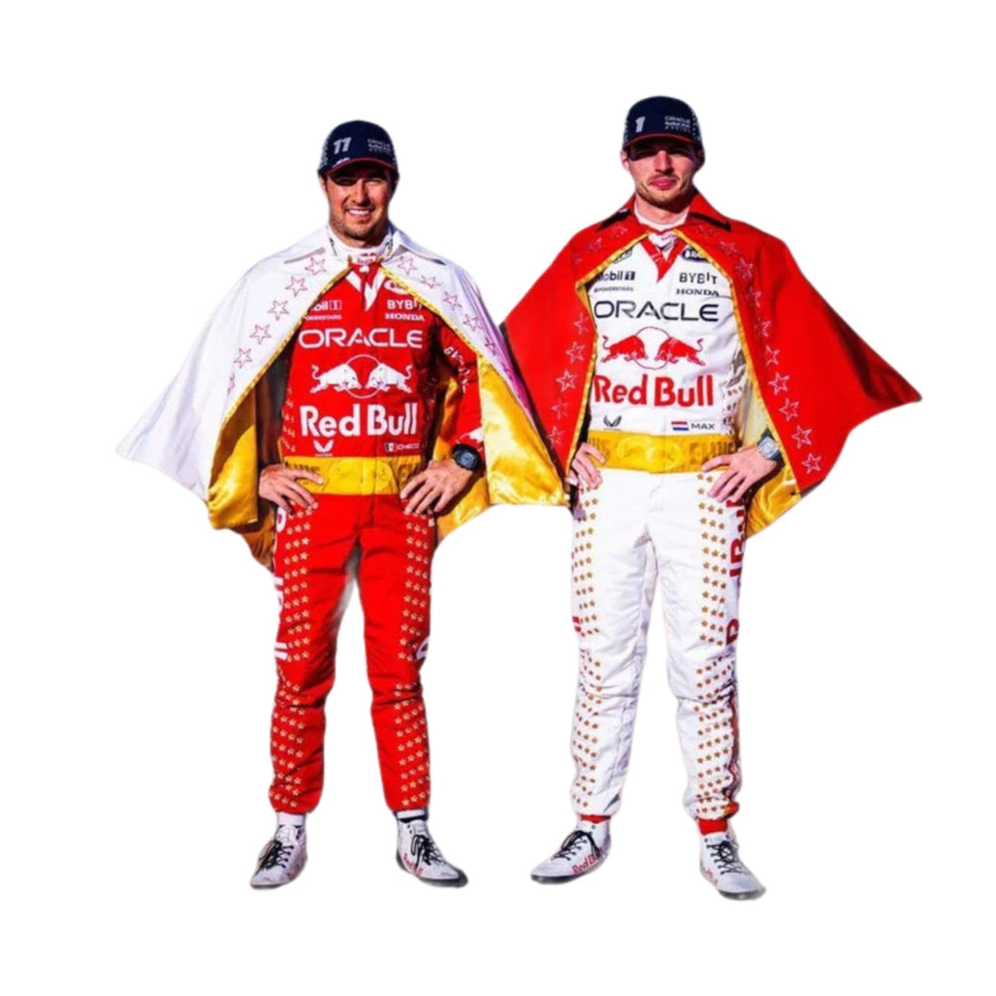 Max Verstappen in the 2023 Las Vegas GP racing suit featuring a crisp white base with gold star embellishments, red accents, and a signature Elvis-style belt.