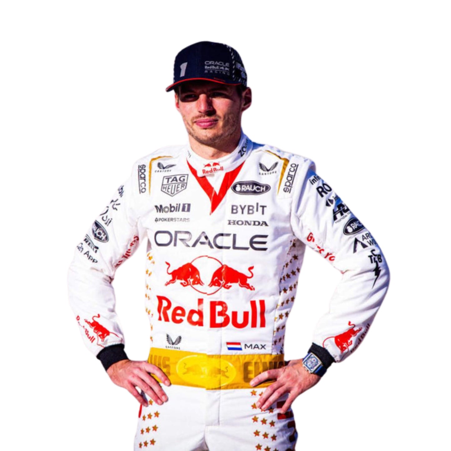 Rear view highlighting the white fabric with a vertical line of gold stars, red side stripes, and the iconic Elvis-inspired belt design.