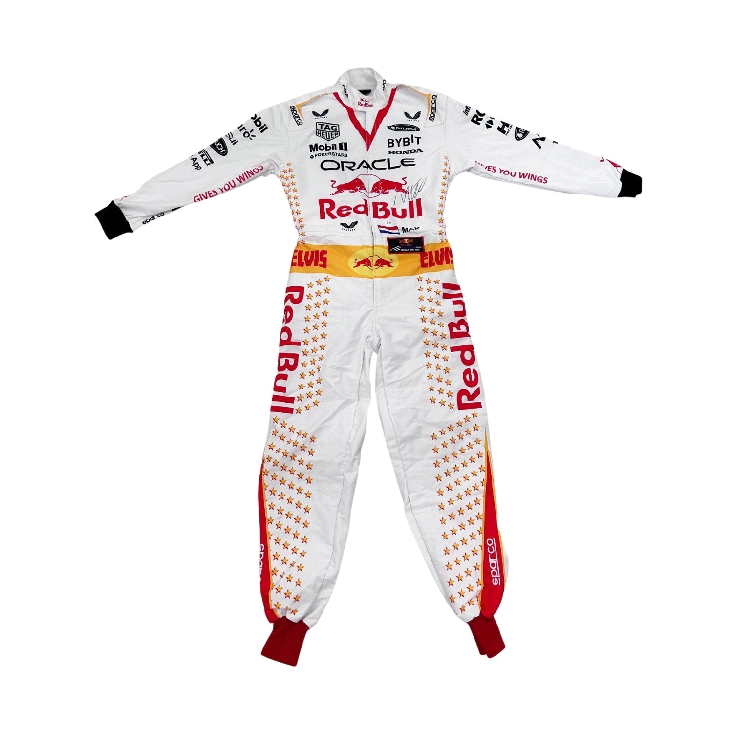 Max Verstappen in the 2023 Las Vegas GP racing suit featuring a crisp white base with gold star embellishments, red accents, and a signature Elvis-style belt.