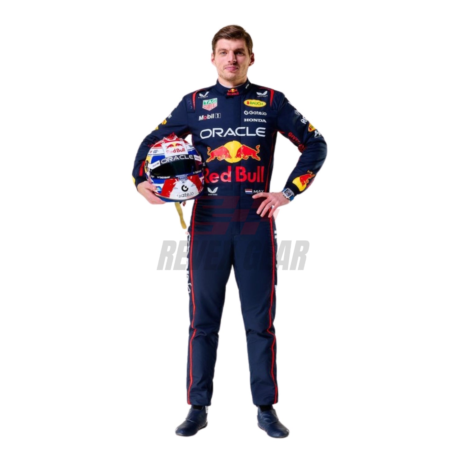 Front view of 2025 F1 racing costume worn by Max Verstappen featuring aggressive contour lines, dynamic stretch zones, and precision sponsor placement in deep navy and crimson tones