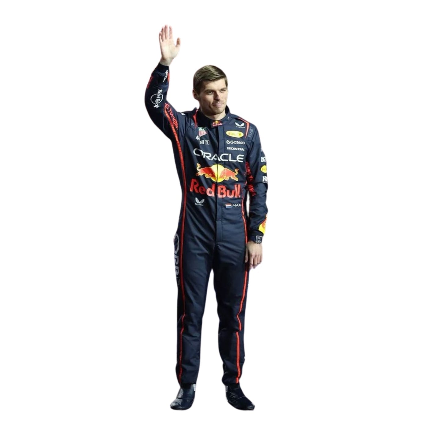Front view of Max Verstappen 2025 F1 racing suit waving at the audience in blue, red, and yellow with ergonomic fit and fire-resistant, breathable fabric.