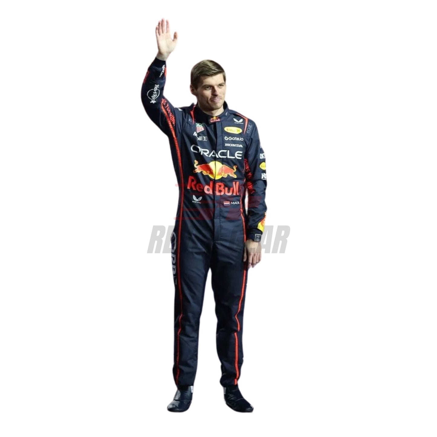 Front view of 2025 F1 racing costume worn by Max Verstappen featuring aggressive contour lines, dynamic stretch zones, and precision sponsor placement in deep navy and crimson tones.