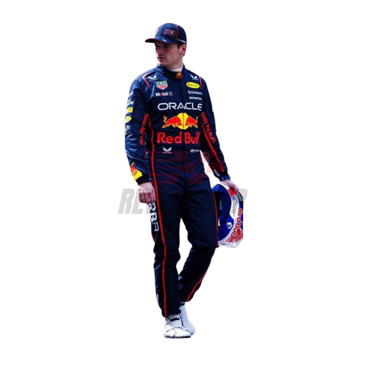 Front view of 2025 F1 racing costume worn by Max Verstappen featuring aggressive contour lines, dynamic stretch zones, and precision sponsor placement in deep navy and crimson tones.