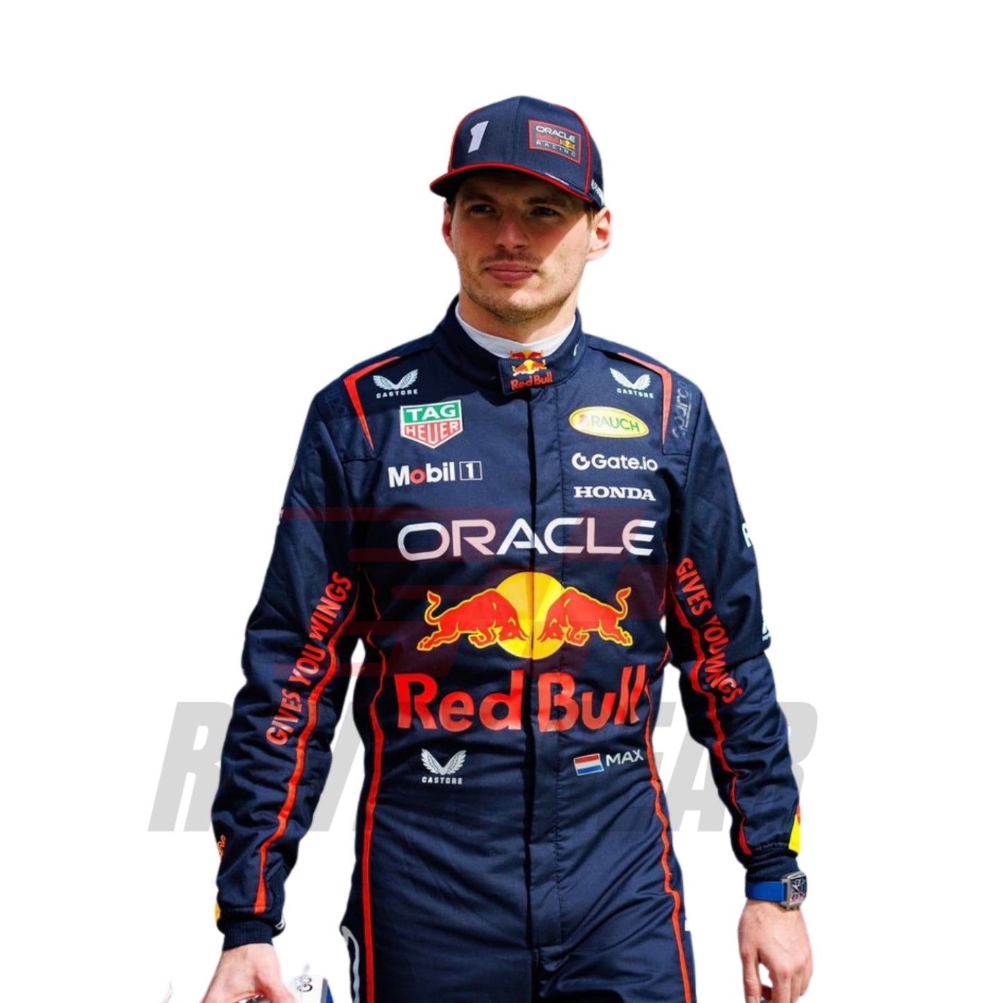 Close-up of premium fabric and stitching on the 2025 Formula 1 costume used by Verstappen, highlighting logo detailing and heat-resistant material.