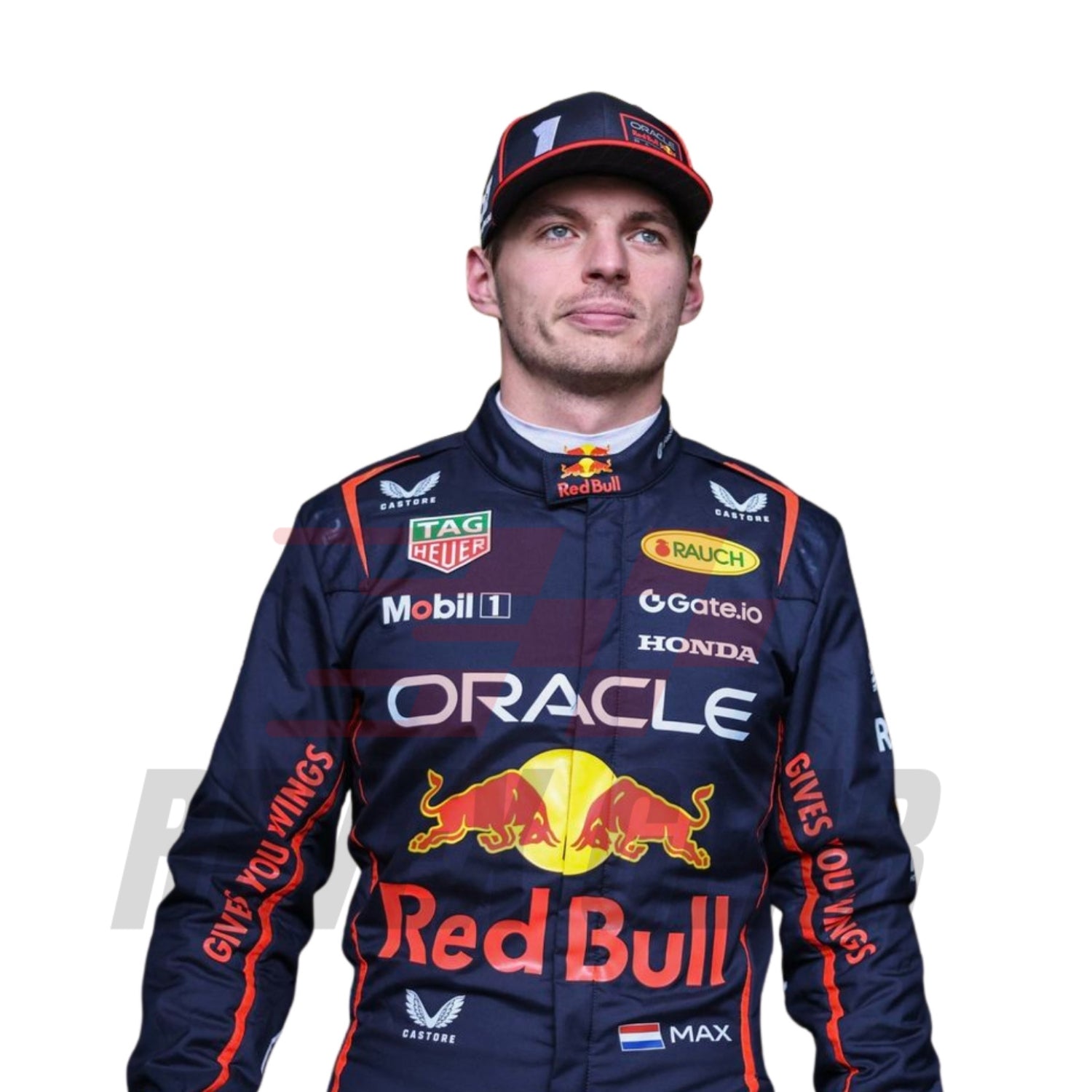Close-up of premium fabric and stitching on the 2025 Formula 1 costume used by Verstappen, highlighting logo detailing and heat-resistant material.