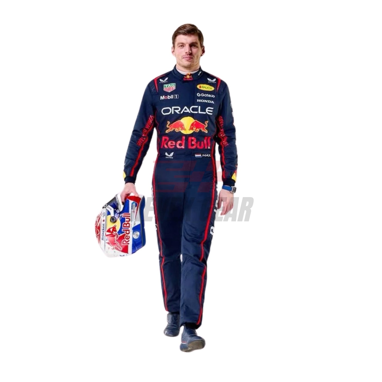 Front view of 2025 F1 racing costume worn by Max Verstappen featuring aggressive contour lines, dynamic stretch zones, and precision sponsor placement in deep navy and crimson tones.