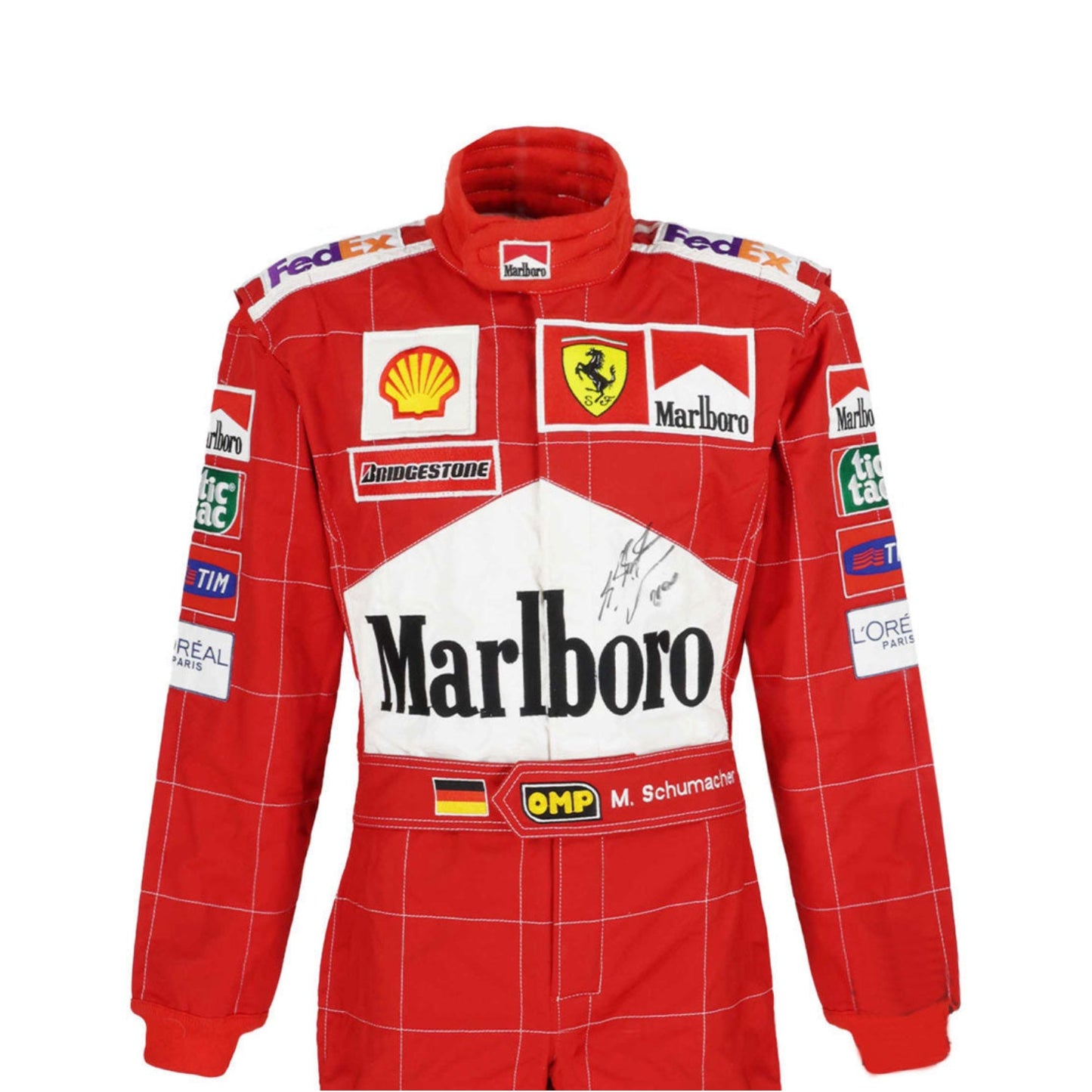 Close-up of Schumacher’s 2004 F1 suit, showing high-quality red fabric, tight white stitching, and finely printed sponsor details true to the original.