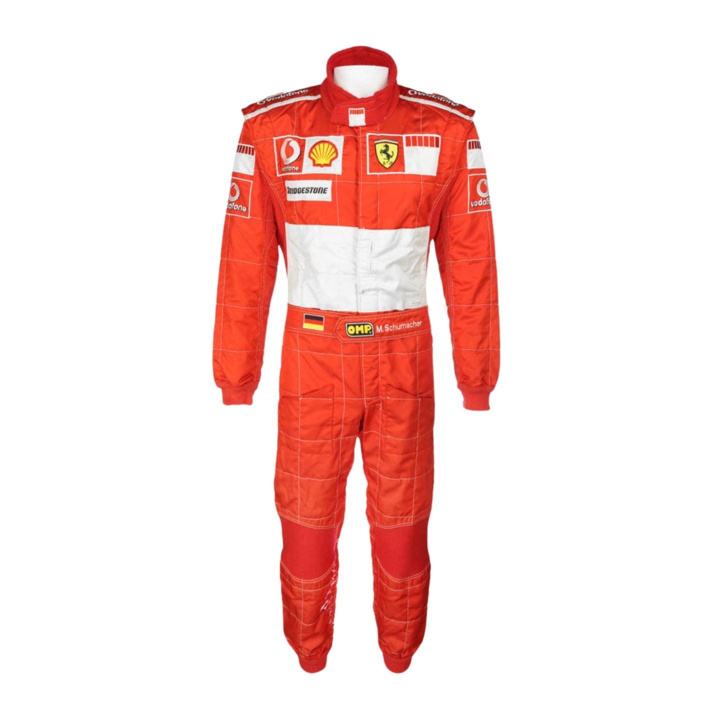 Front view of Michael Schumacher’s 2006 F1 racing suit in bold red with crisp white sponsor logos, representing his final full F1 season.