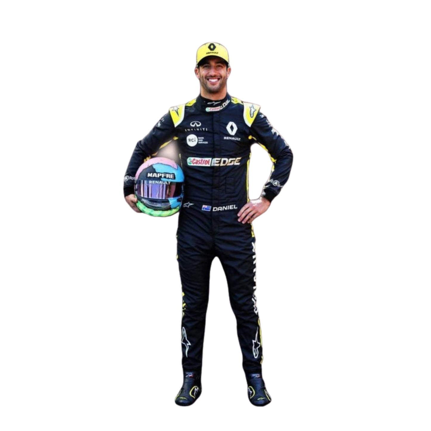 Daniel Ricciardo 2019 F1 suit – front view featuring a sleek, modern design with bold race-inspired details, trending in the motorsport community.