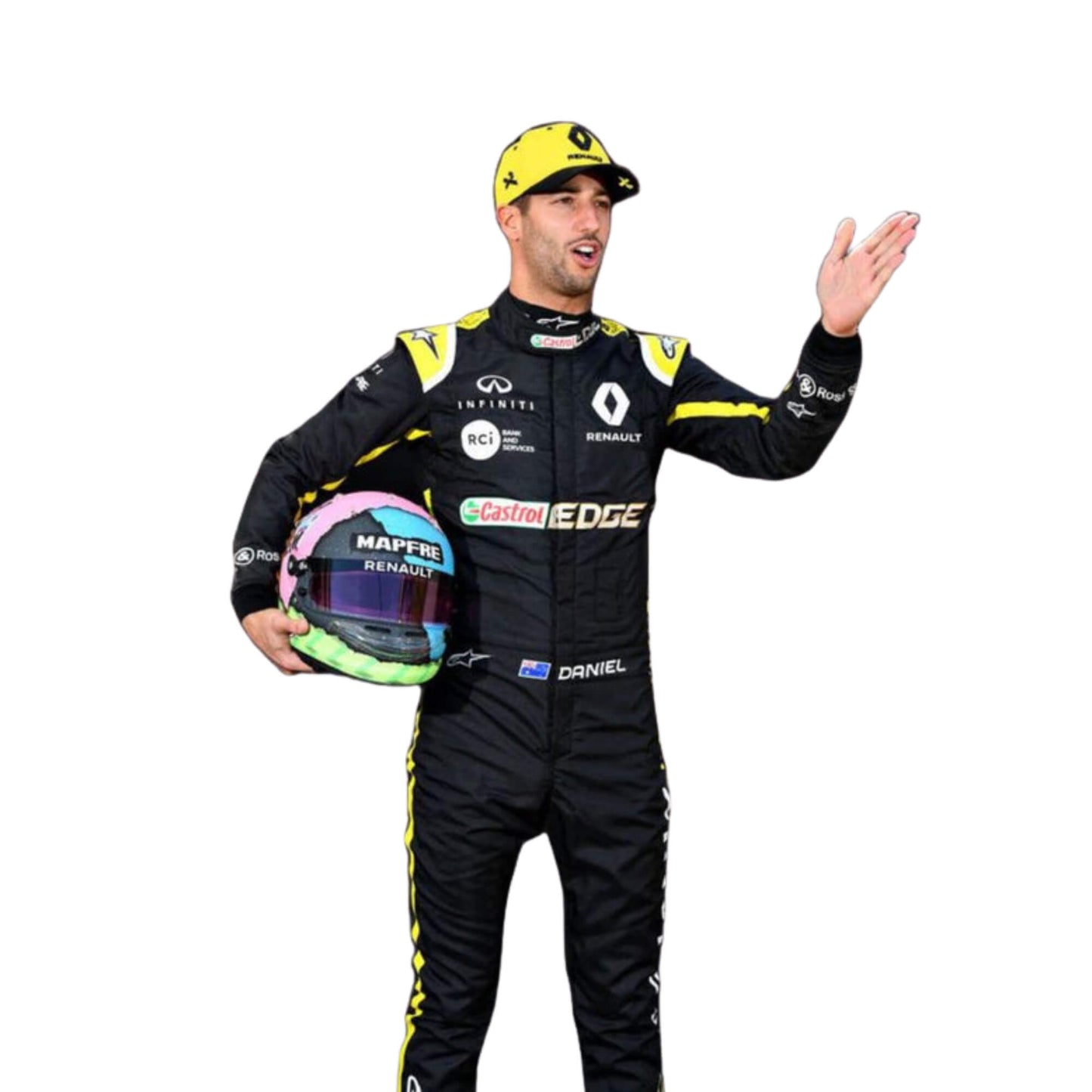 Daniel Ricciardo 2019 F1 suit – front close up view featuring a sleek, modern design with bold race-inspired details