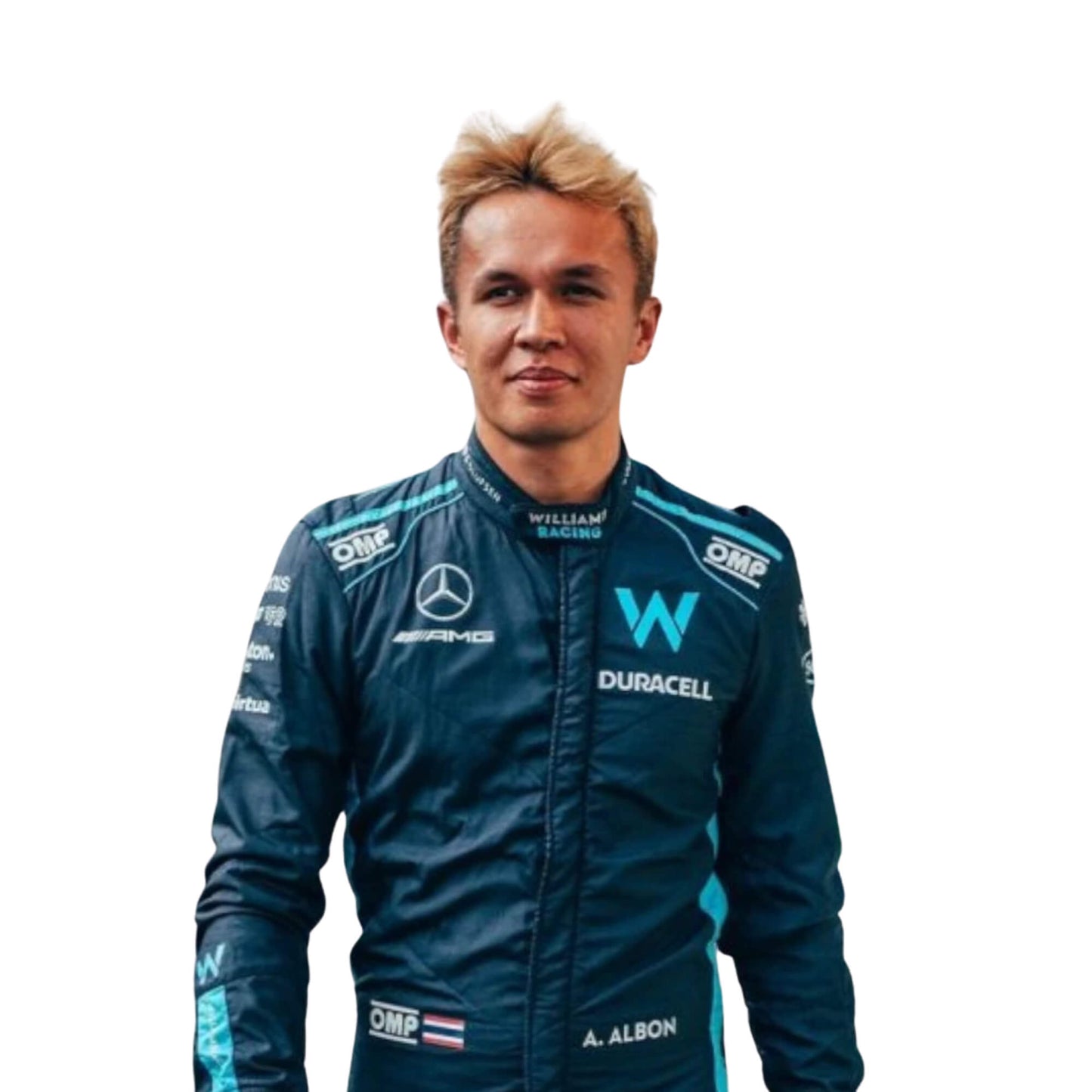 Close-up of the upper torso of Alexander Albon's 2022 racing suit