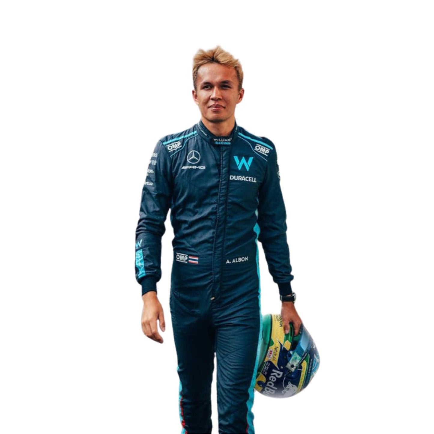 Close-up of the upper torso of Alexander Albon's 2022 racing suit, featuring navy blue fabric with light blue detailing