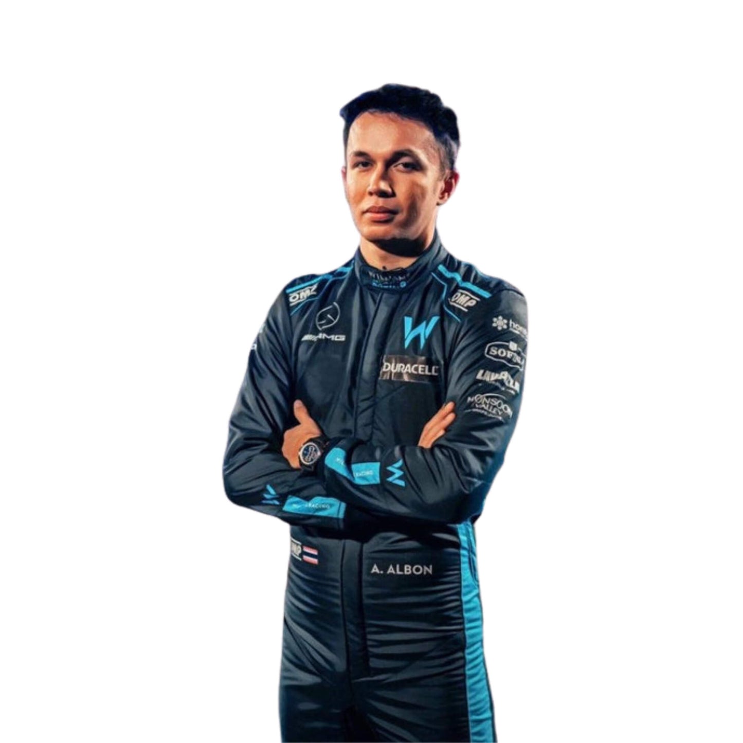 Side profile of Alexander Albon's 2022 F1 suit in navy blue, showcasing the tailored fit and contrasting light blue stripes along the sleeves.