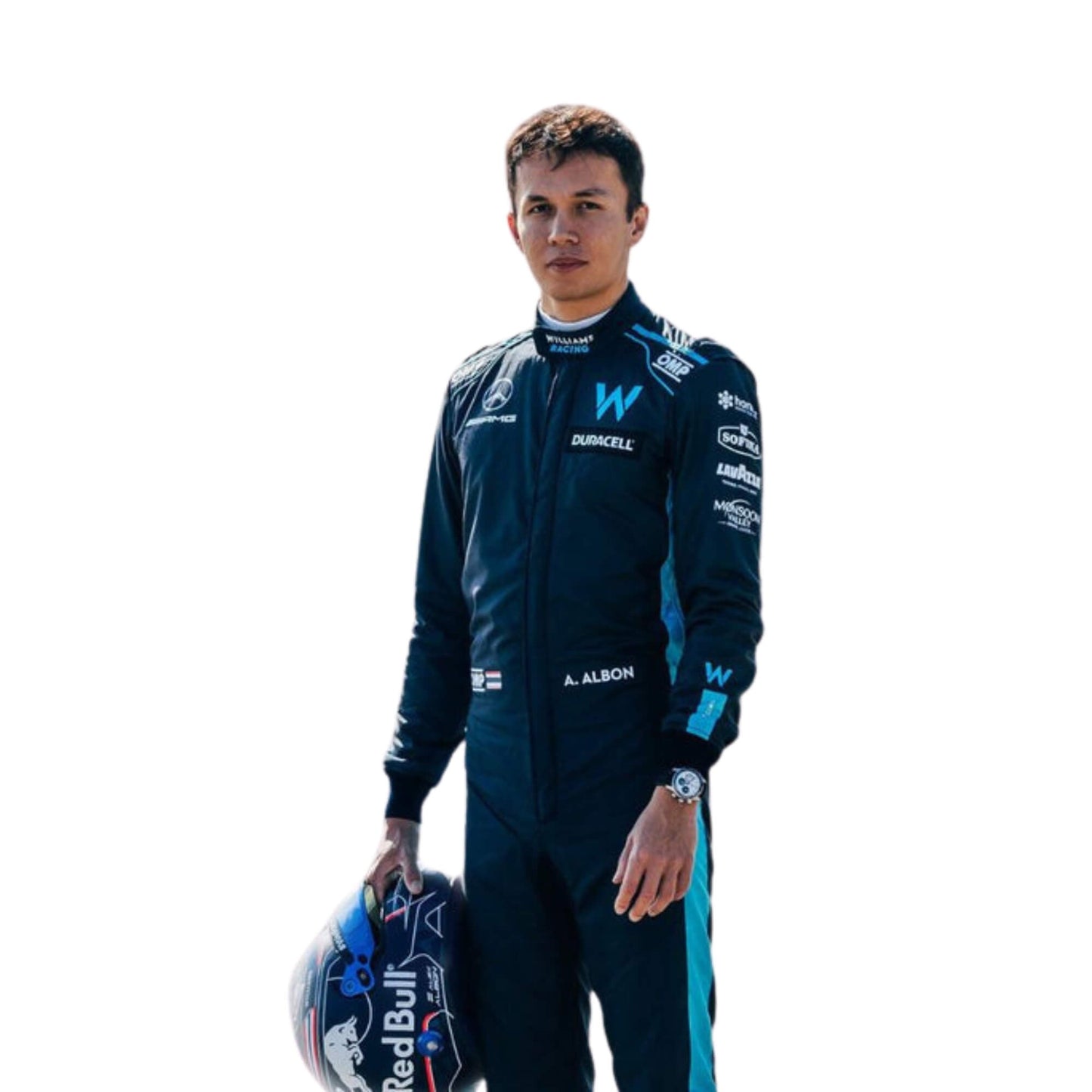 Half Front view of Alexander Albon's 2022 F1 racing suit in navy blue with light blue accents, highlighting the ergonomic design