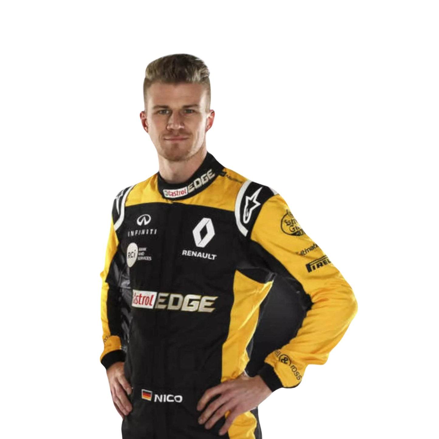 Right Side profile of Nico Hulkenberg 2018 F1 suit, ergonomic stitching with detailed side sponsor placement.