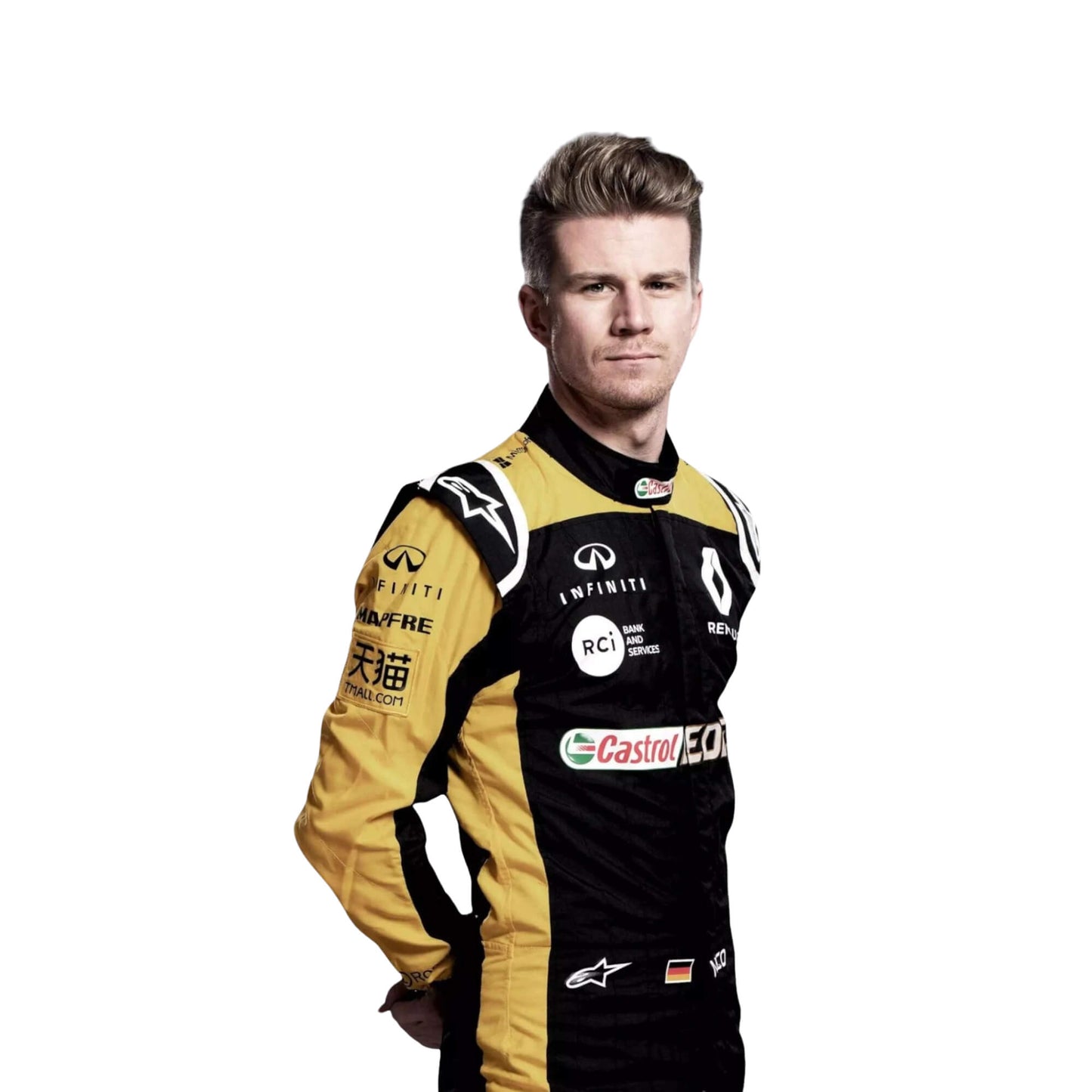 Left Side profile of Nico Hulkenberg 2018 F1 suit, ergonomic stitching with detailed side sponsor placement.