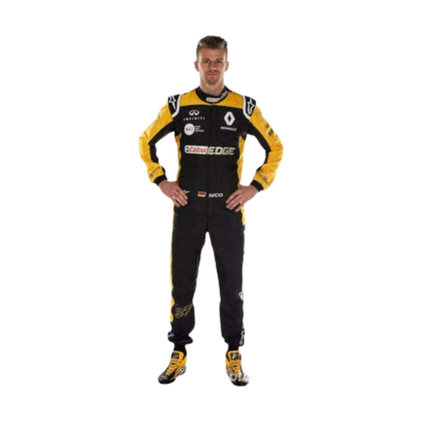 Nico Hulkenberg 2018 F1 racing suit front view, detailed sponsor embroidery and high-performance fit.