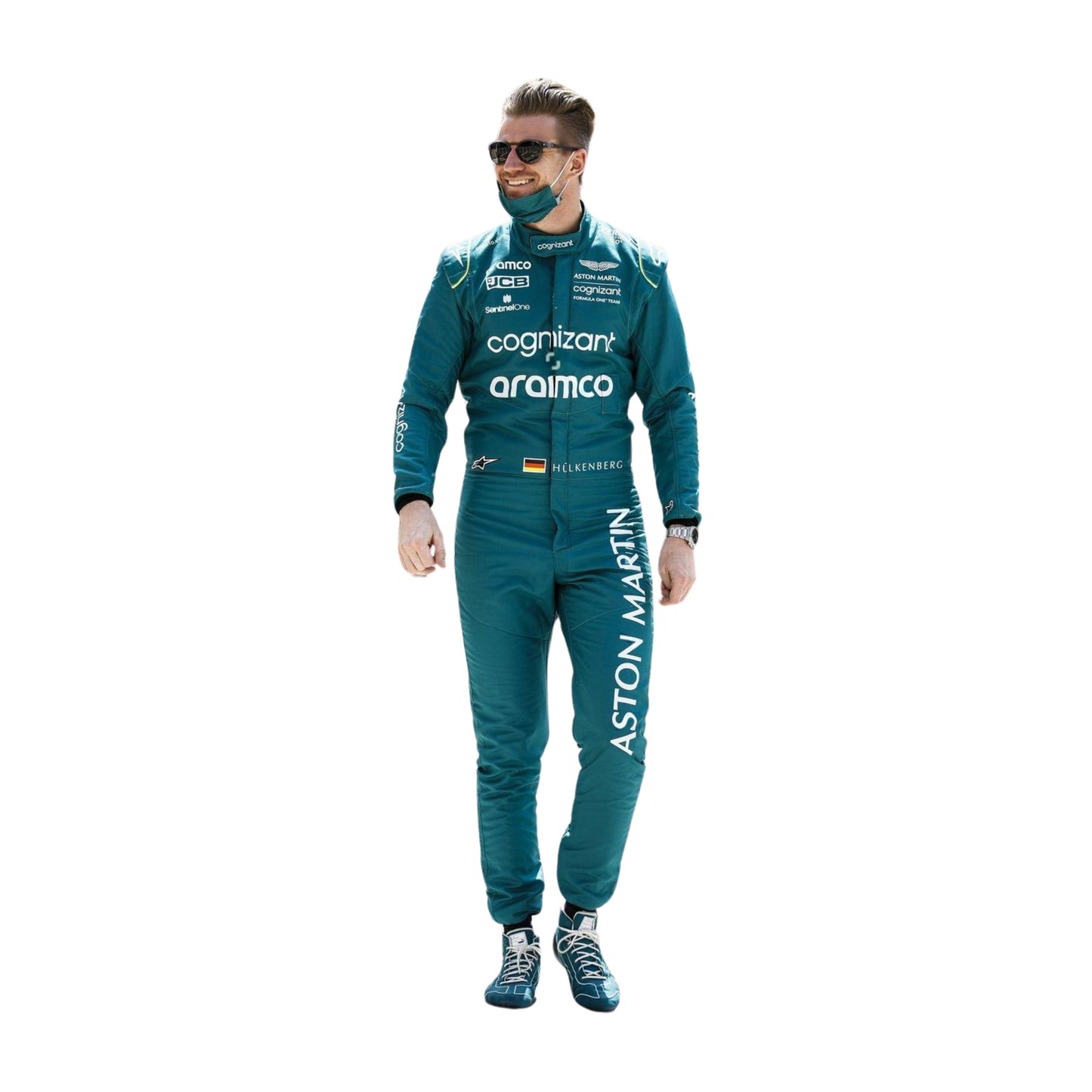 Front view of Nico Hülkenberg's 2022 Saudi Arabian GP F1 racing suit in British racing green with lime accents, highlighting the ergonomic design