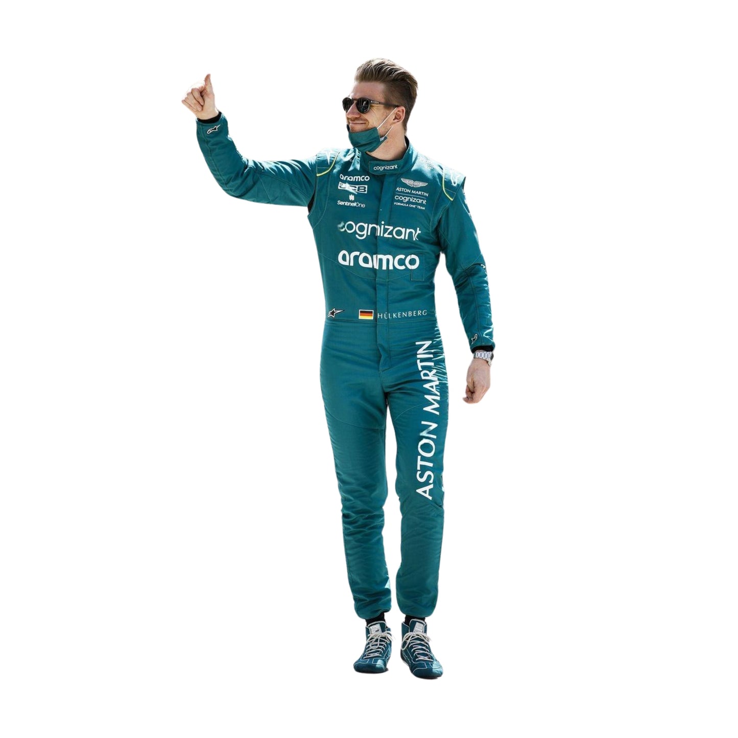 Side profile of Nico Hülkenberg's 2022 F1 suit in British racing green, showcasing the streamlined fit and contrasting lime stripes along the sleeves.