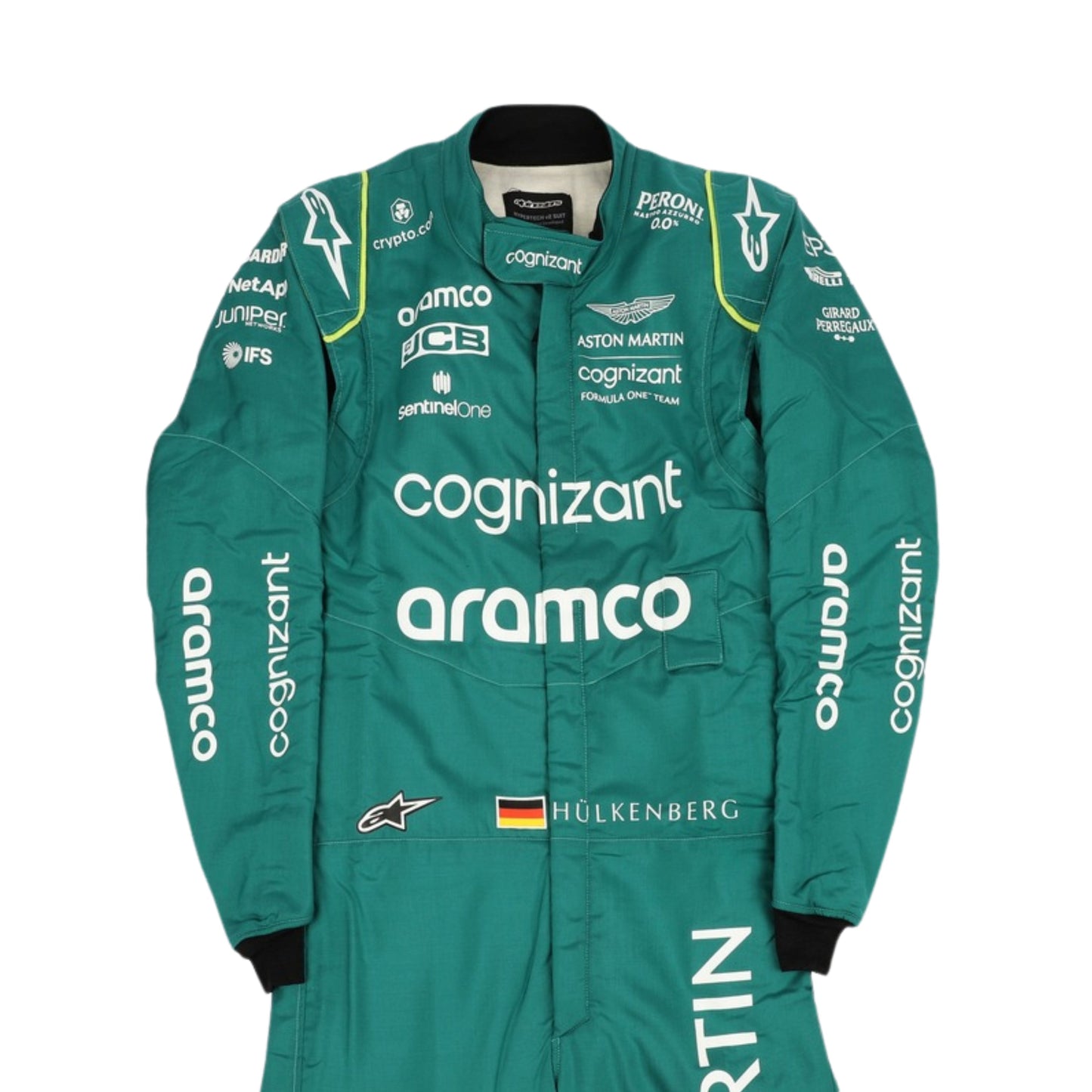 Close-up of the upper torso of Nico Hülkenberg's 2022 racing suit, featuring British racing green fabric with lime detailing